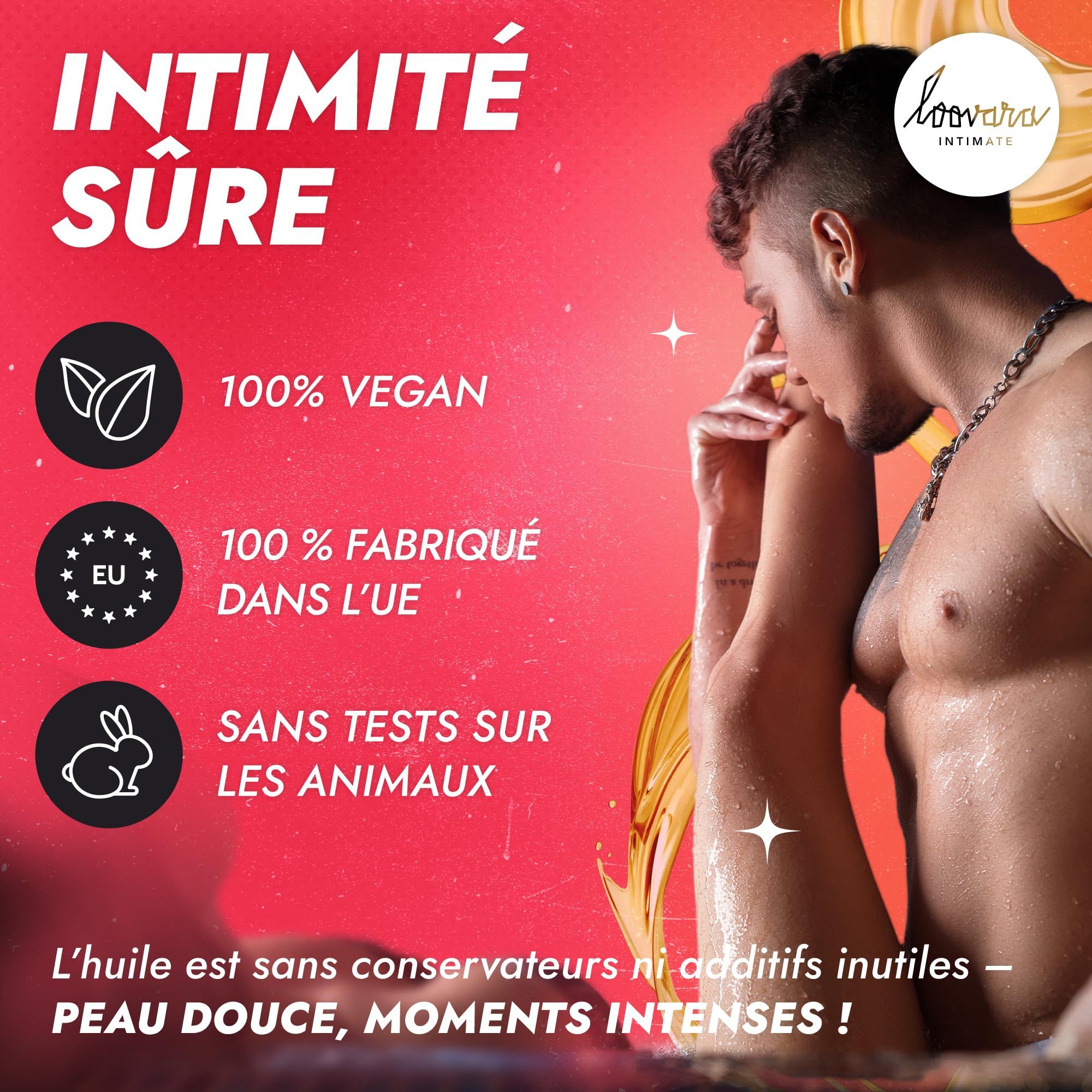 Bouteille d'huile de massage Loovara Happy Hand avec icônes pour '100% Vegan', 'Fabriqué UE', 'Sans Tests sur Animaux'.