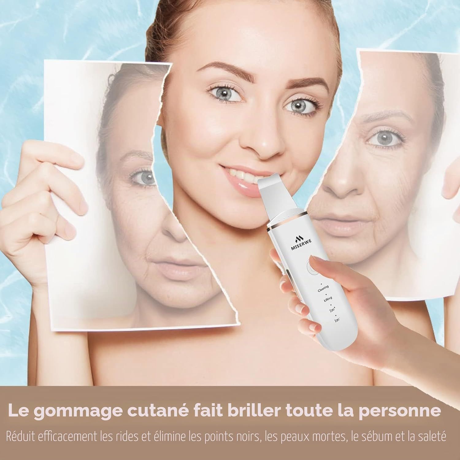 Un appareil blanc de soin de la peau avec une spatule métallique et un bouton.