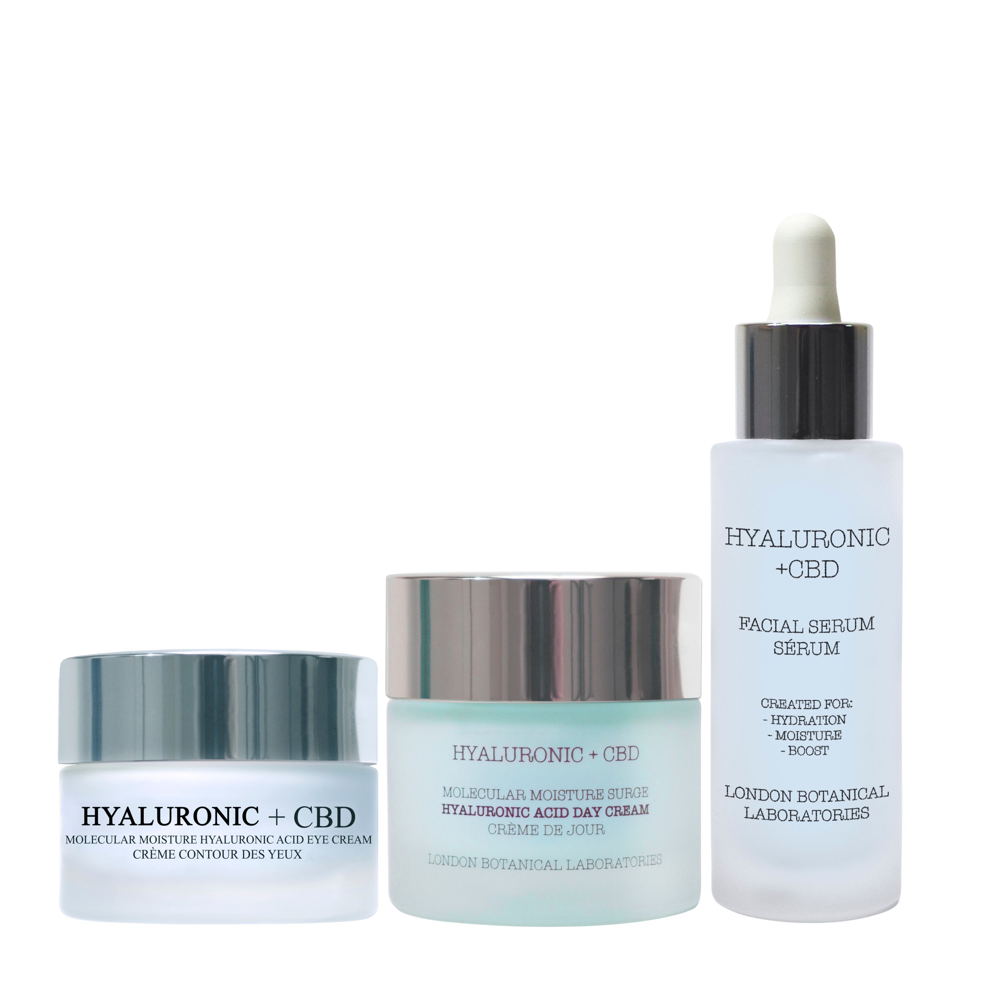Crème visage, contour des yeux et sérum London Botanical Laboratories Hyaluronic + CBD.