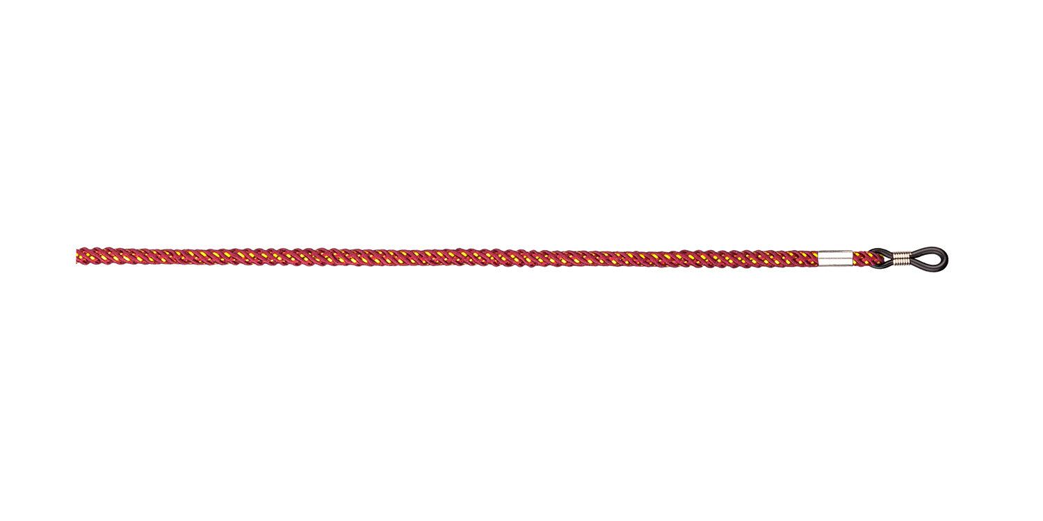 Cordon de lunettes rouge, horizontal. Corde tressée avec extrémités métalliques et boucles. Fond blanc.