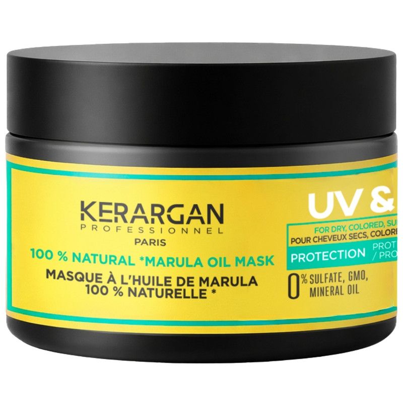 Pot noir avec étiquette jaune. Inscription: KERARGAN, protection UV, masque à l'huile de marula. 0% sulfates, OGM, huile minérale.