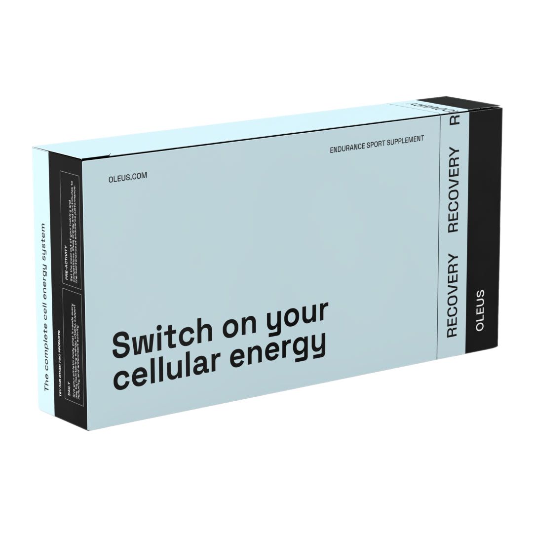 Une boîte avec "Switch on your cellular energy". "RECOVERY OLEUS" sur le côté.