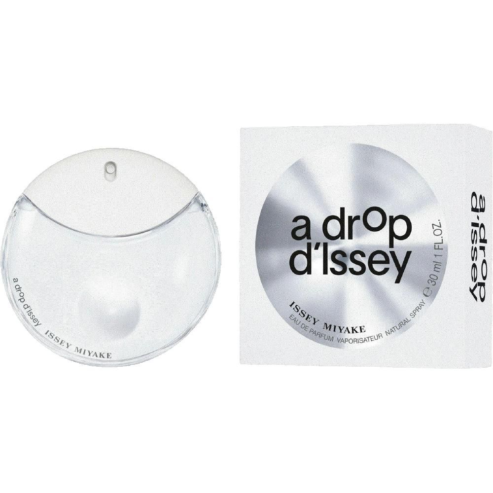 Ronde flacon met witte dop, daarnaast verpakking met logo "a drop d'Issey" en opschrift "Issey Miyake".