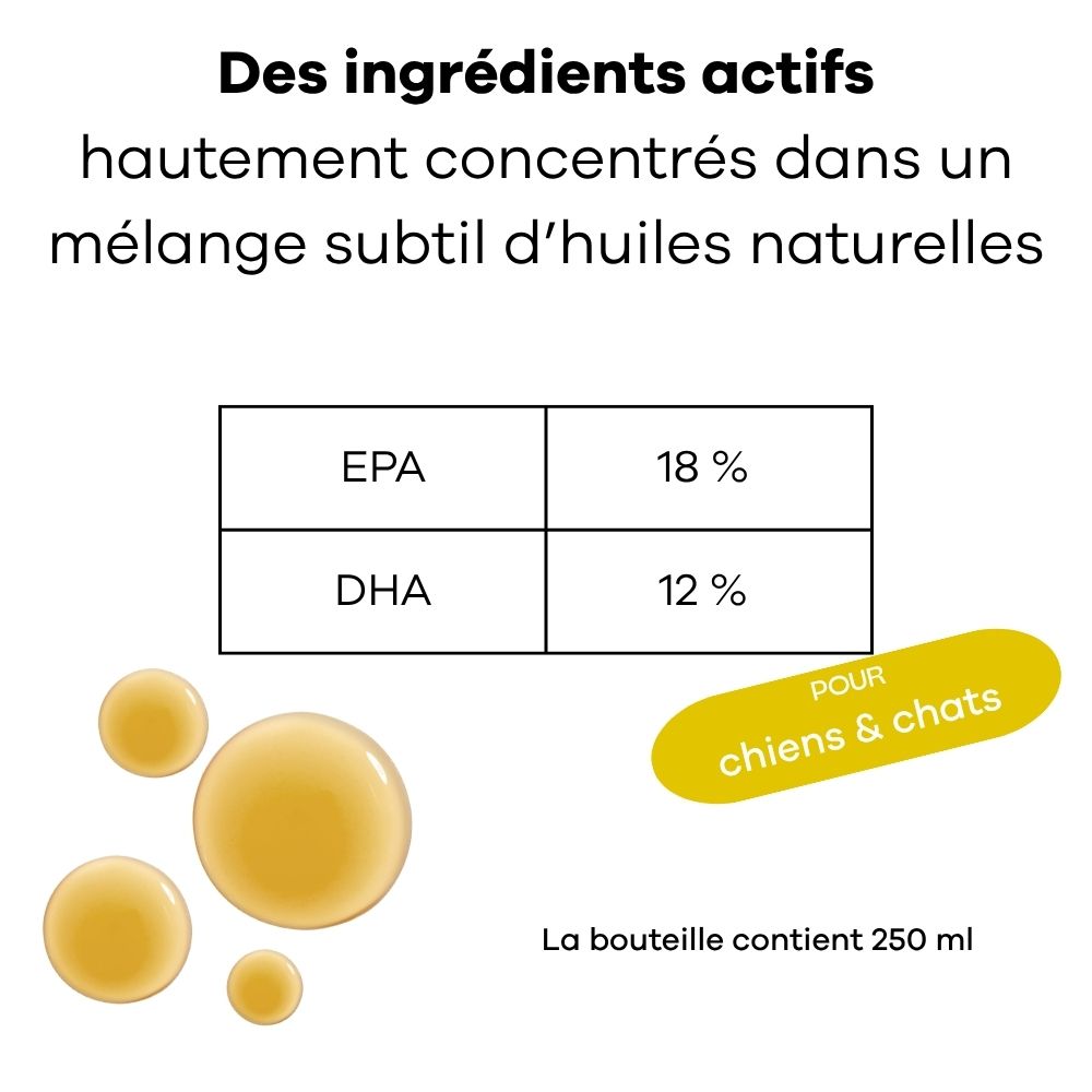 Tableau EPA 18% et DHA 12%. Gouttes d'huile. La bouteille contient 250 ml.