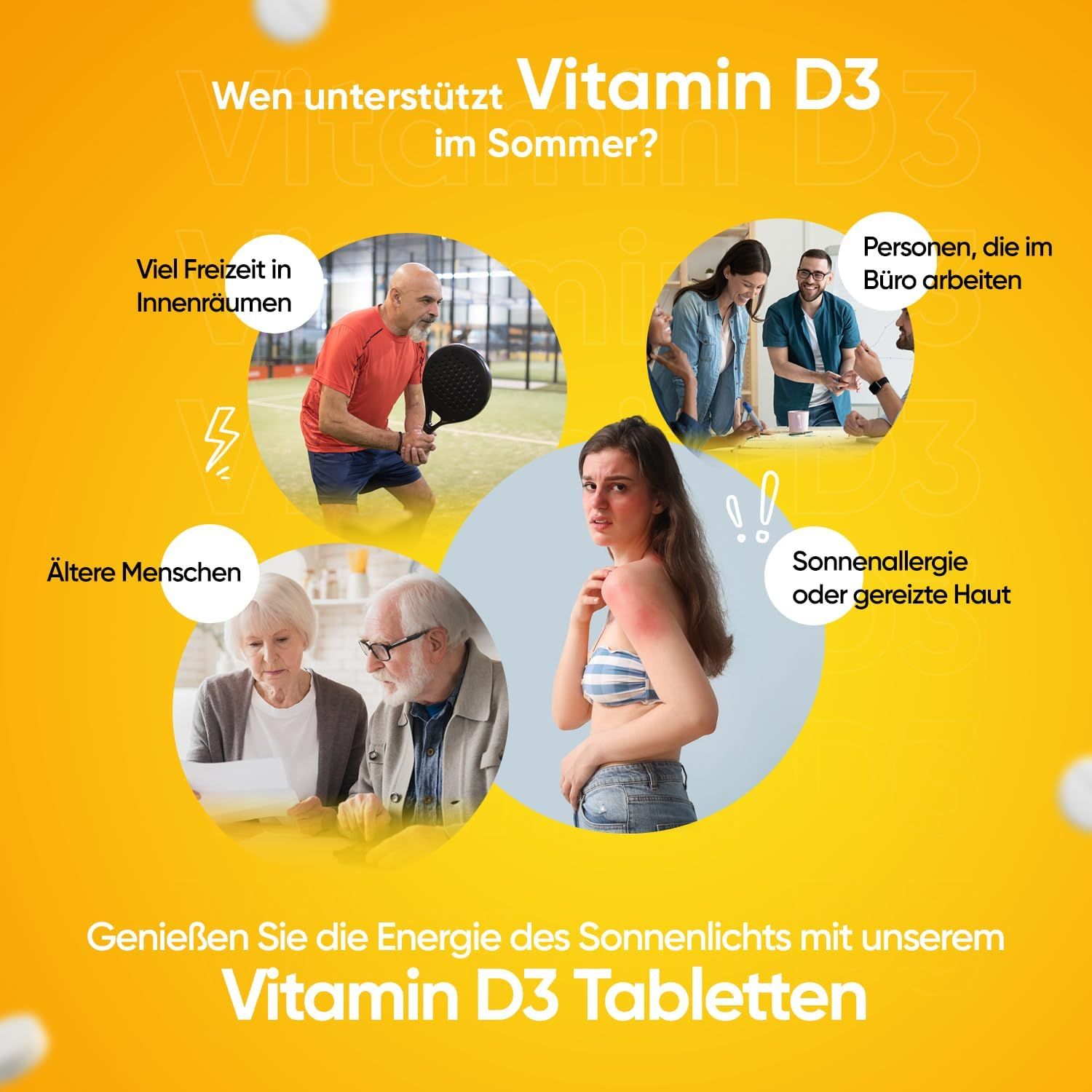 Afbeelding met mensen en tekst: Wie ondersteunt vitamine D3 in de zomer? Mensen: ouderen, kantoormedewerkers, etc.