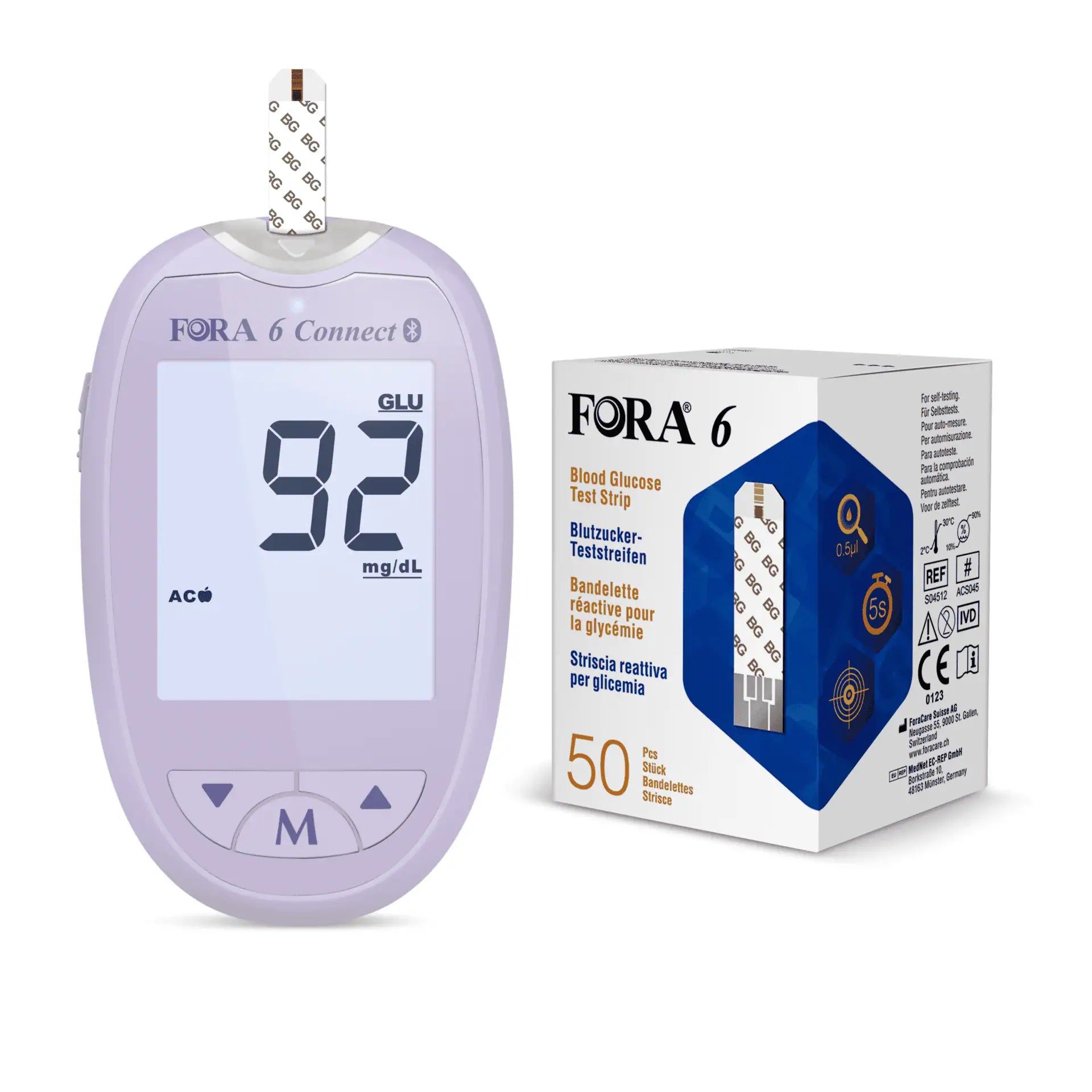 Dispositif de mesure de glycémie FORA 6 Connect violet avec bandelettes et emballage. Affiche 92 mg/dl.