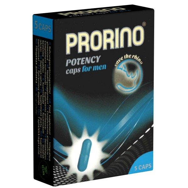 Prorino Potency Caps for men : Boîte de 5 gélules, gélule bleue sur fond noir avec logo rhinocéros.