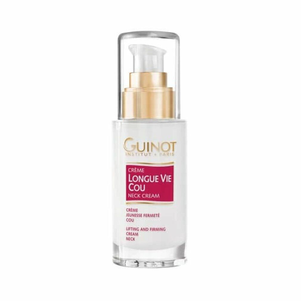 Guinot Longue Vie Cou. Flacon blanc avec pompe, bague dorée, capuchon transparent. Étiquette rouge avec texte.