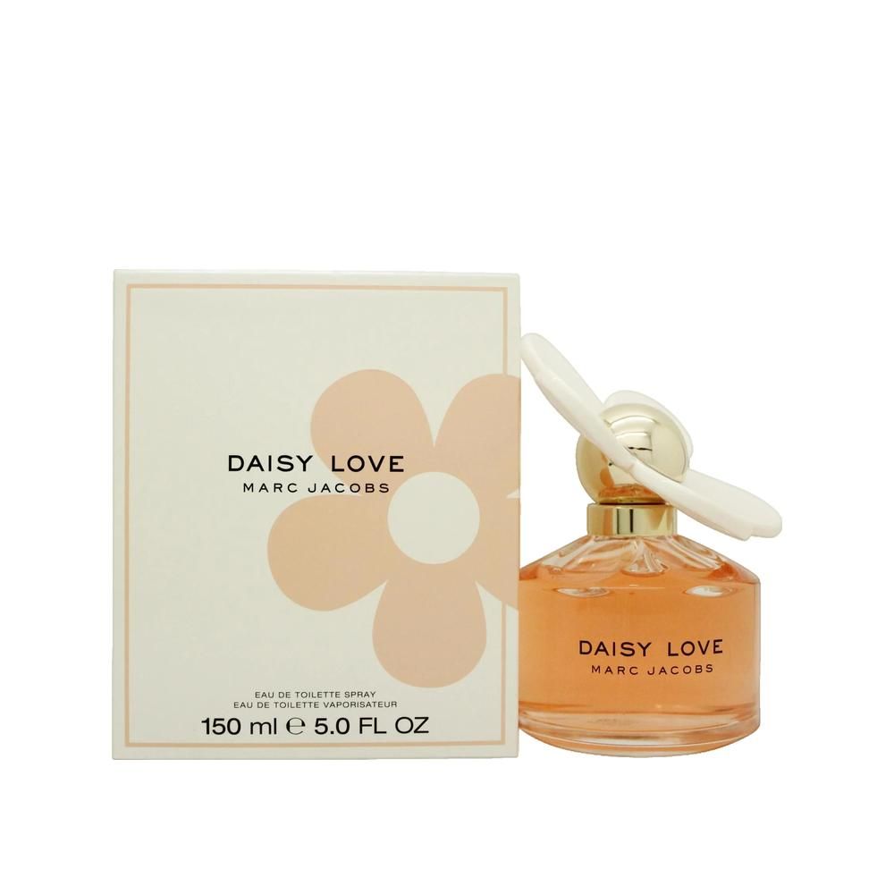 Parfumfles en verpakking. Fles met witte bloem, gouden dop en roze vloeistof. Verpakking met opschrift Daisy Love.