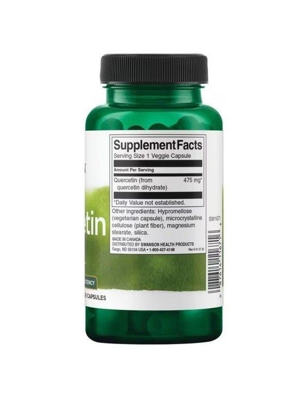Arrière d'une bouteille de Quercétine Swanson avec informations nutritionnelles et ingrédients.