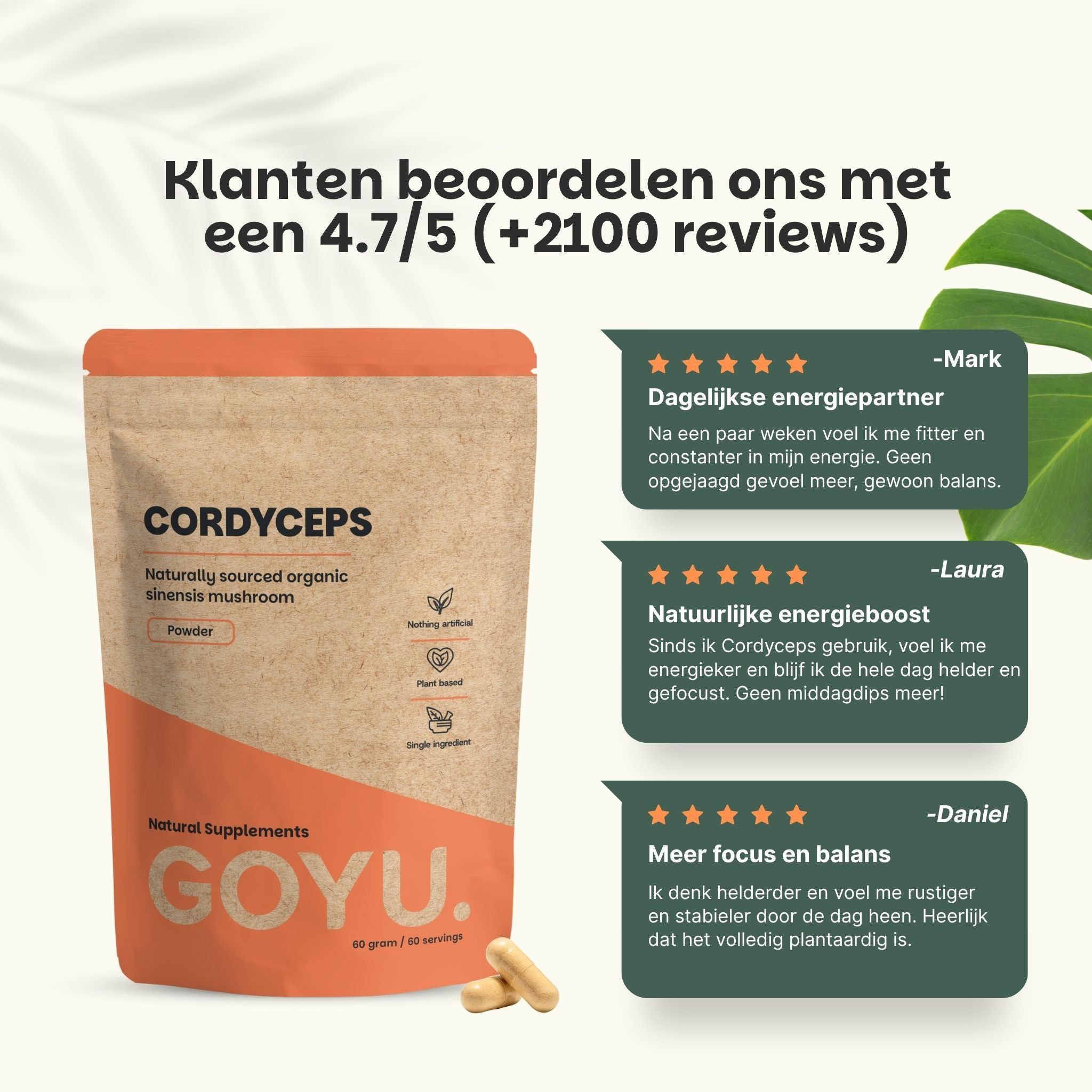 Klantbeoordeling: 4,7/5 sterren voor Cordyceps capsules. "Meer focus en balans".