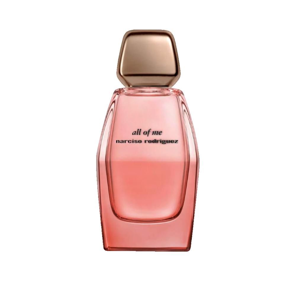 Roze parfumfles, gouden dop. Opschrift: all of me, narciso rodriguez.