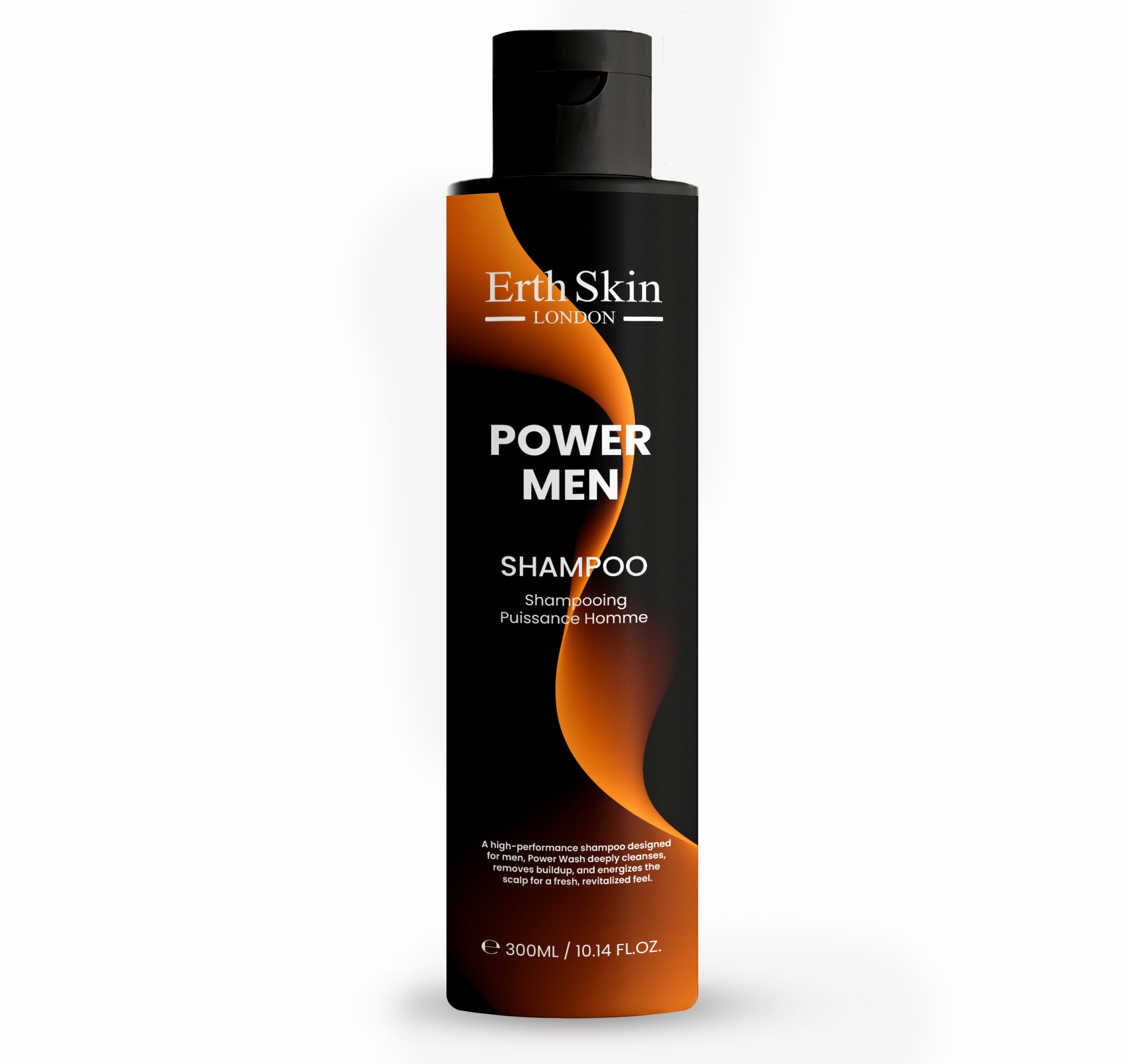 Zwarte shampoo fles met oranje design. Erth Skin London, Power Men Shampoo, 300ml.