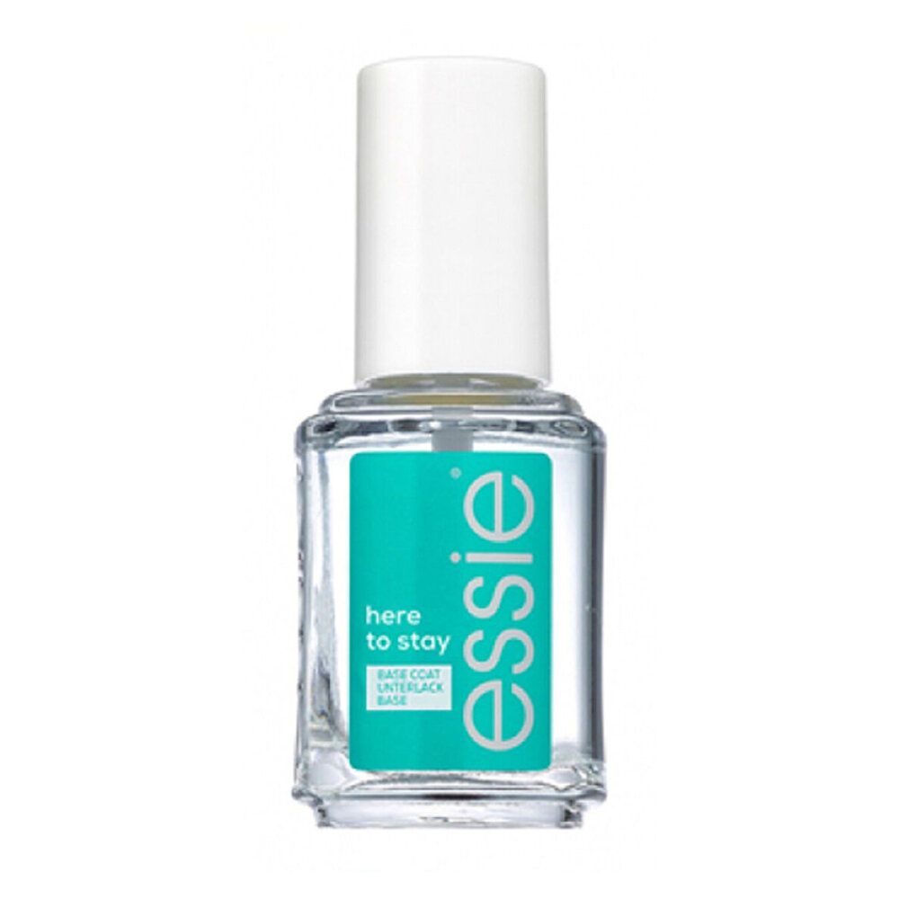 Flacon de vernis à ongles transparent avec bouchon blanc. Étiquette turquoise avec "essie" et "here to stay".