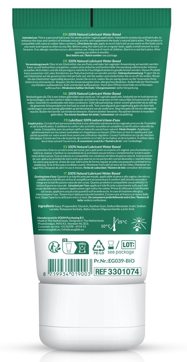 Dos d'un tube vert avec bouchon blanc. Inscription: Easyglide Bio Lubricant. 100% naturel. Ingrédients, mode d'emploi.