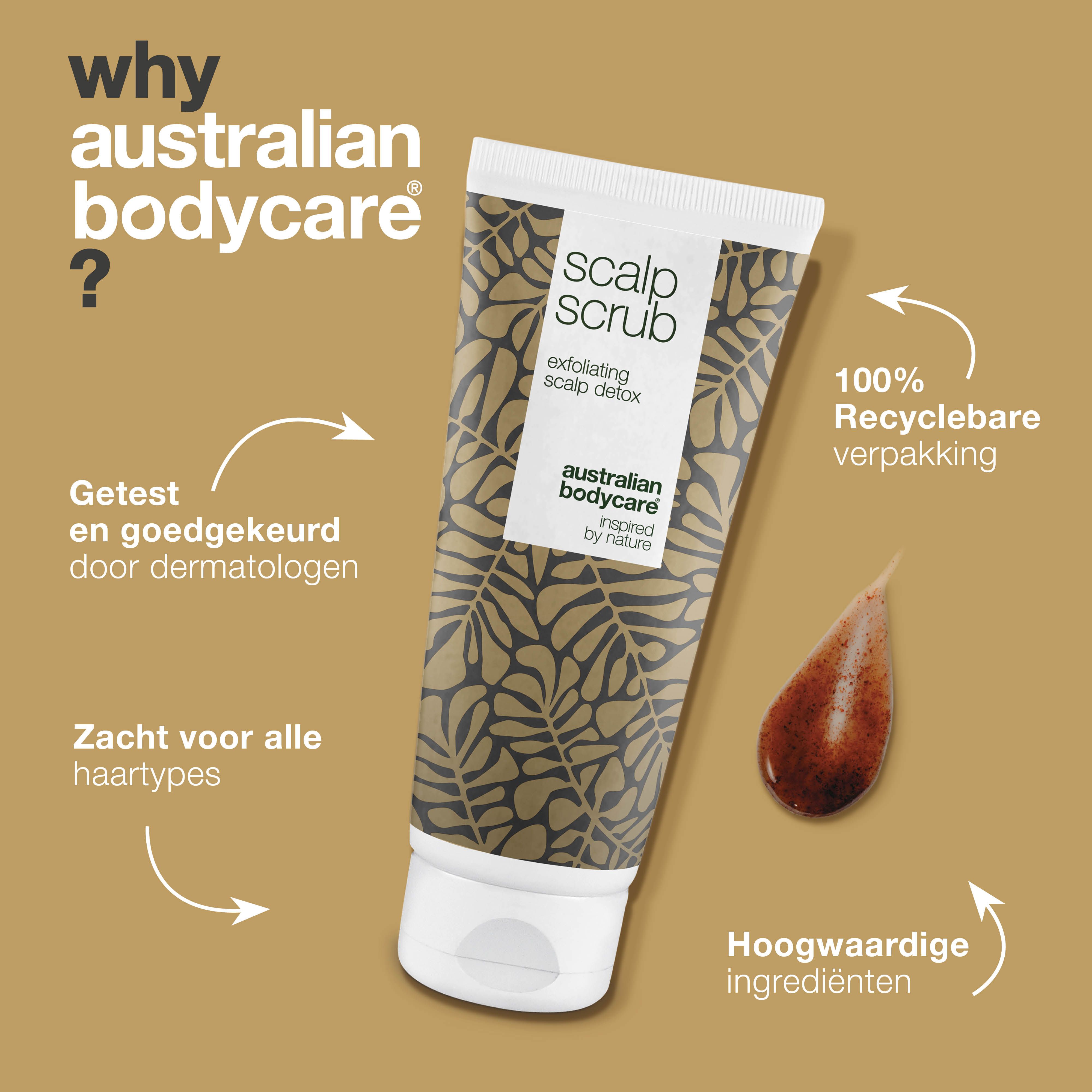 Tube SCALP SCRUB. Tekst: Waarom Australian Bodycare? Voordelen van het product. Druppel peeling. 100% recyclebare verpakking.