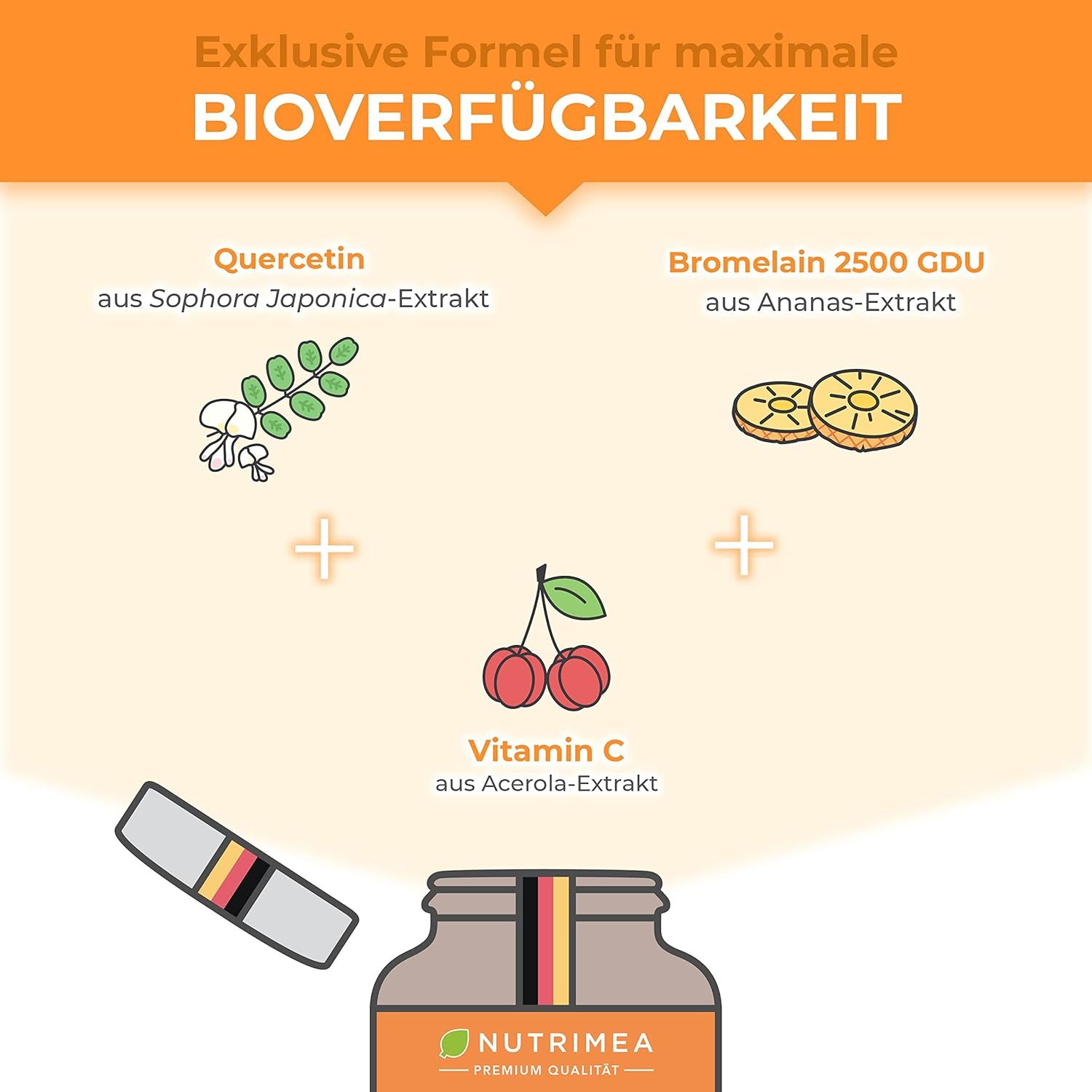 Représentation graphique des ingrédients : quercétine, bromélaïne, vitamine C. Flacon QUERCETIN. Marque : Nutrimea. Formule exclusive pour biodisponibilité maximale.