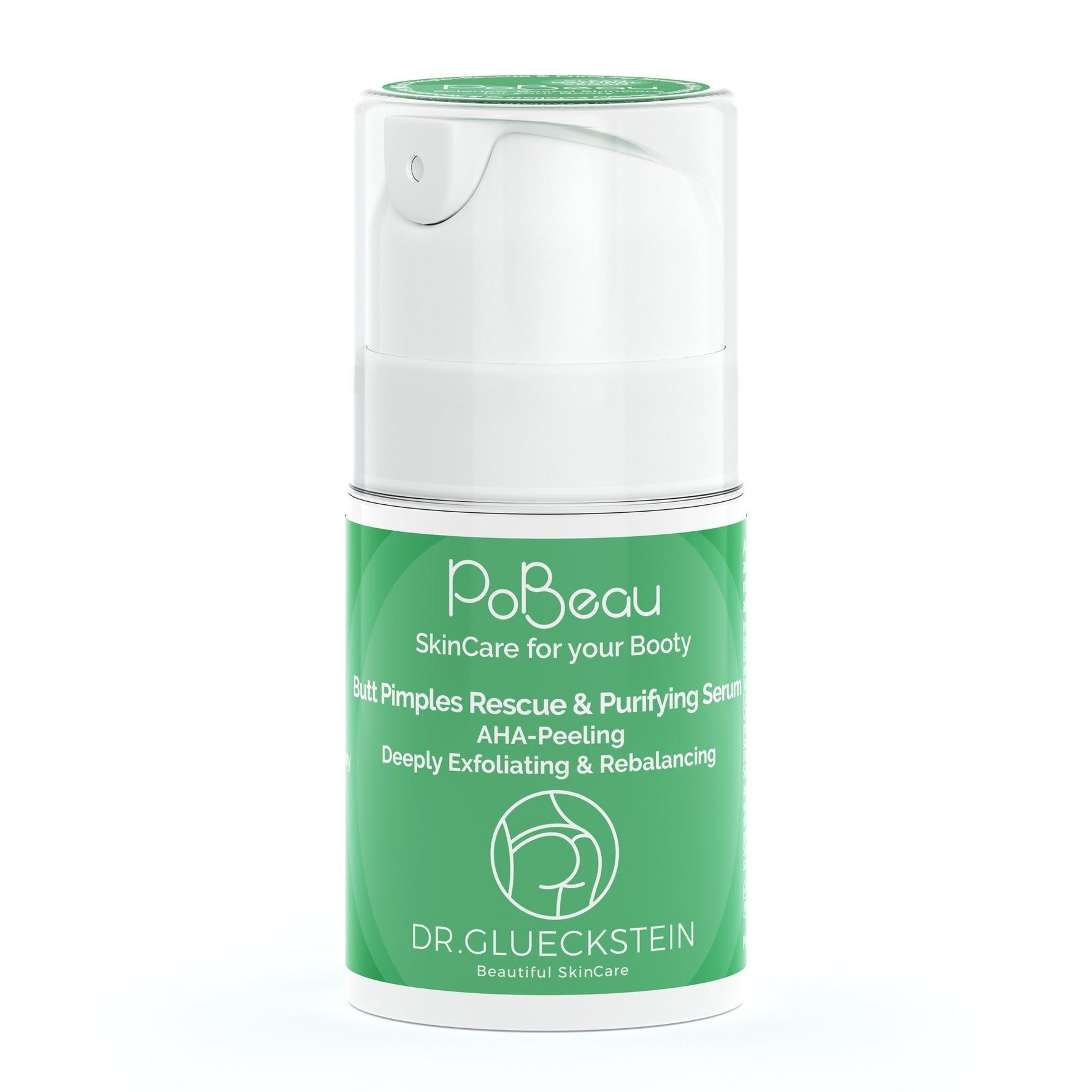Witte fles met groen etiket. Opschrift: Pobeau, Butt Pimples Rescue & Purifying Serum. Logo: bilcontour. Dr. Gluckstein.