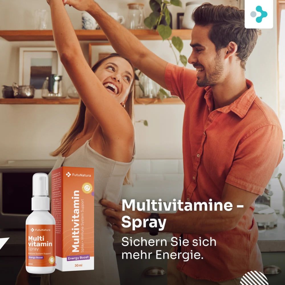 Twee mensen dansen. Op de grond staat een verpakking en een fles FutuNatura Multivitamine Spray. Tekst: Meer energie.