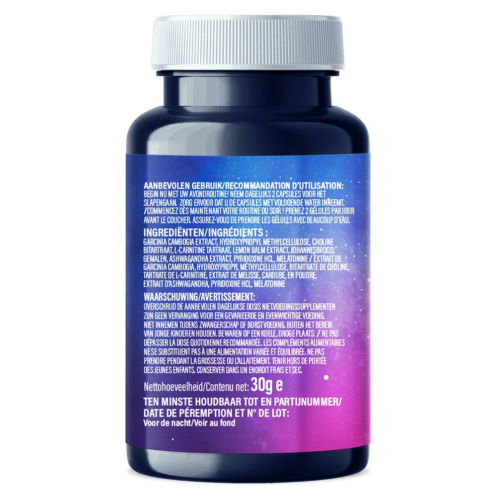 Arrière d'un pot foncé avec étiquette Enolenia Keto Night, motif étoiles.