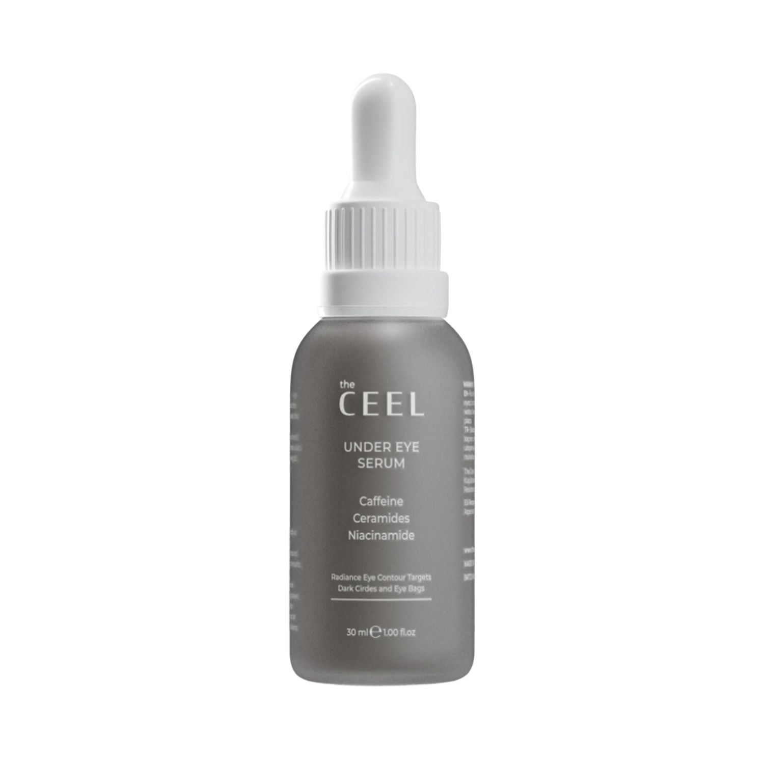 Grijze fles met druppeldop, THE CEEL UNDER EYE SERUM, 30 ml.