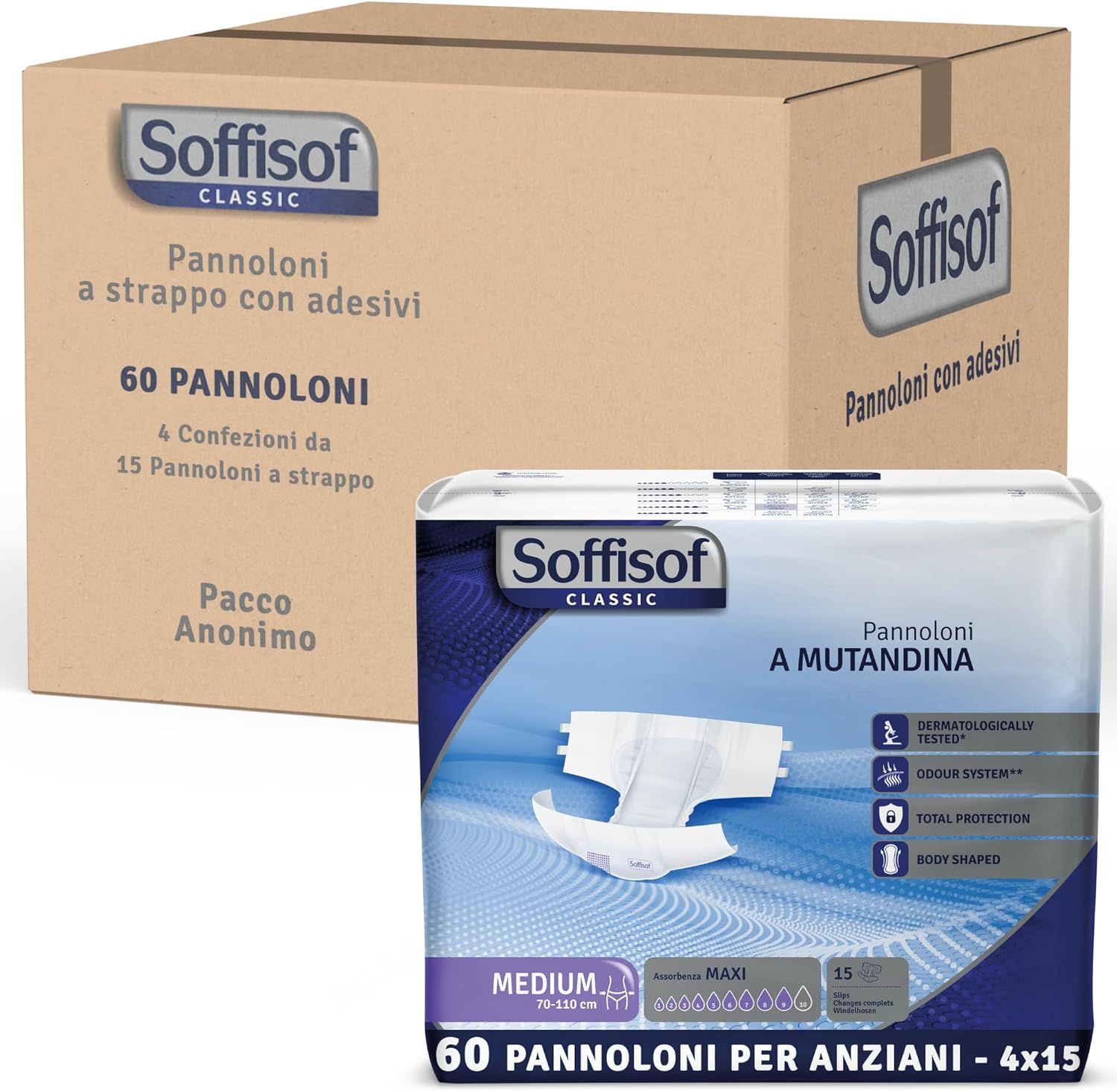 Soffisof Classic Maxi volwassen luiers. Verpakking van 60 stuks en doos. Opschrift: Pannoloni a strappo con adesivi.