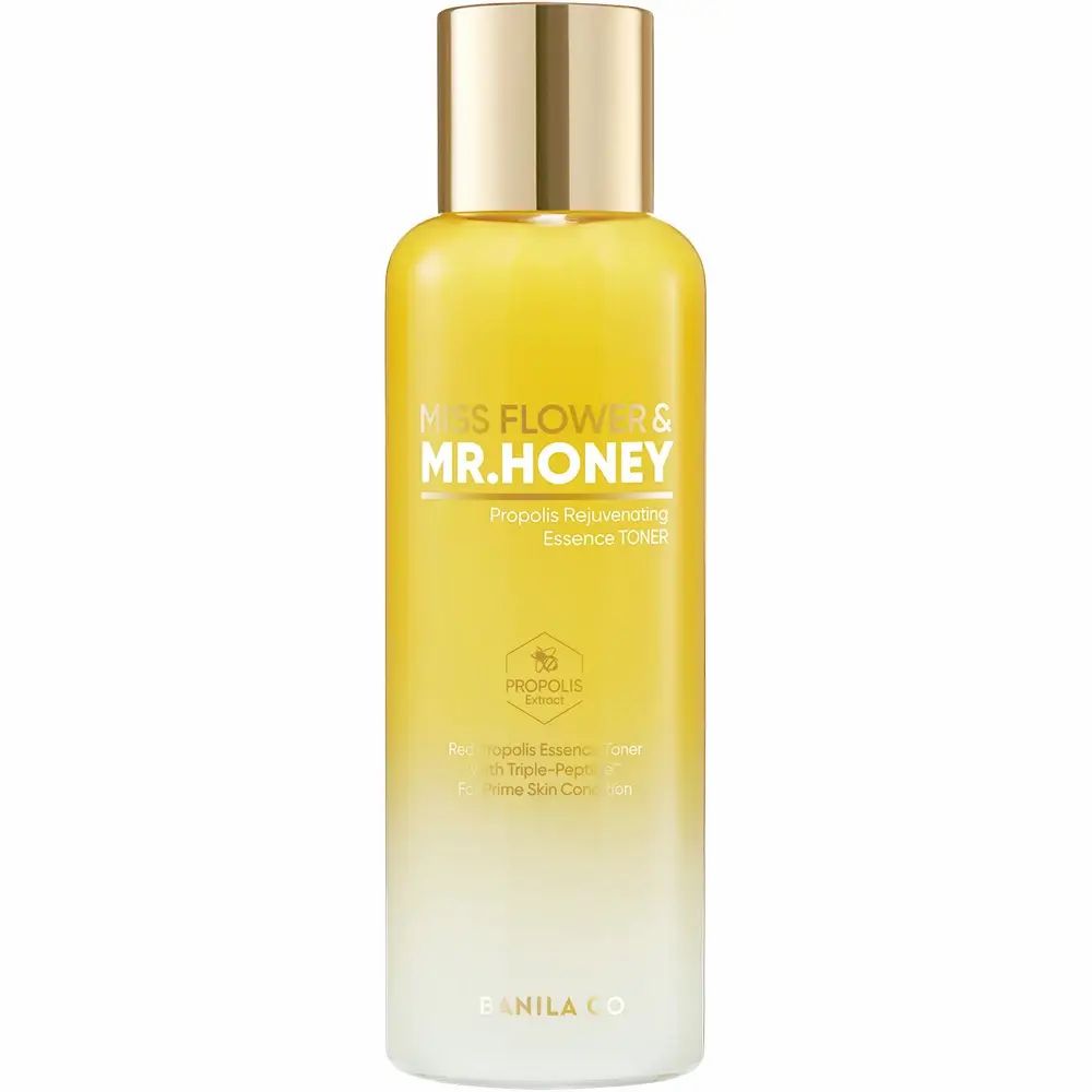 Geel transparante fles met gouden dop. Opschrift: Miss Flower & Mr. Honey, Propolis Rejuvenating Essence Toner. Merk: BANILA CO.