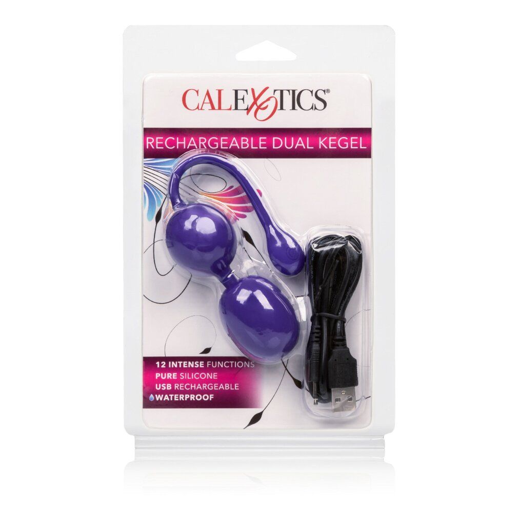 Verpakte paarse Kegelballen met USB-oplaadkabel en handleiding.