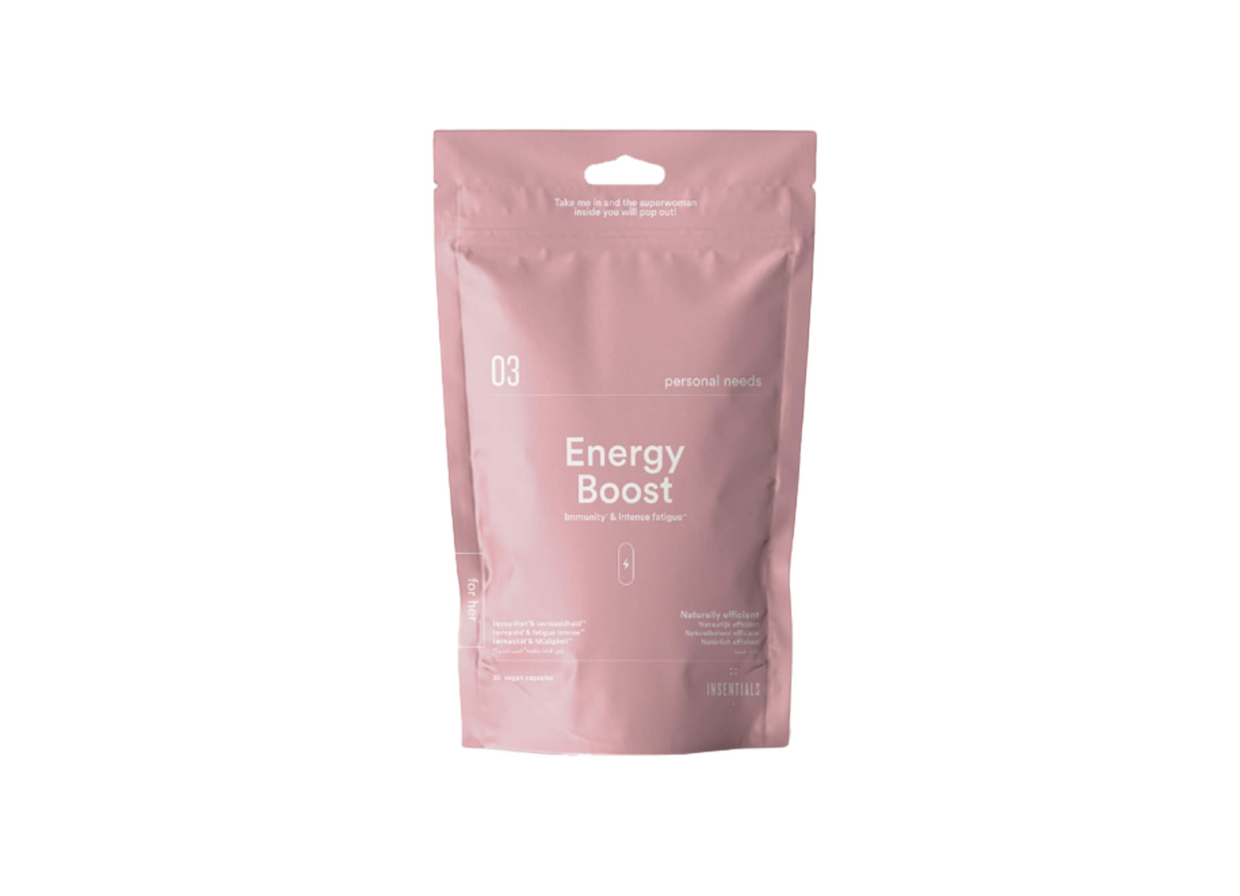 Sachet rose avec "Energy Boost". Contient des informations sur le produit et le logo. Inscription "Insentials".