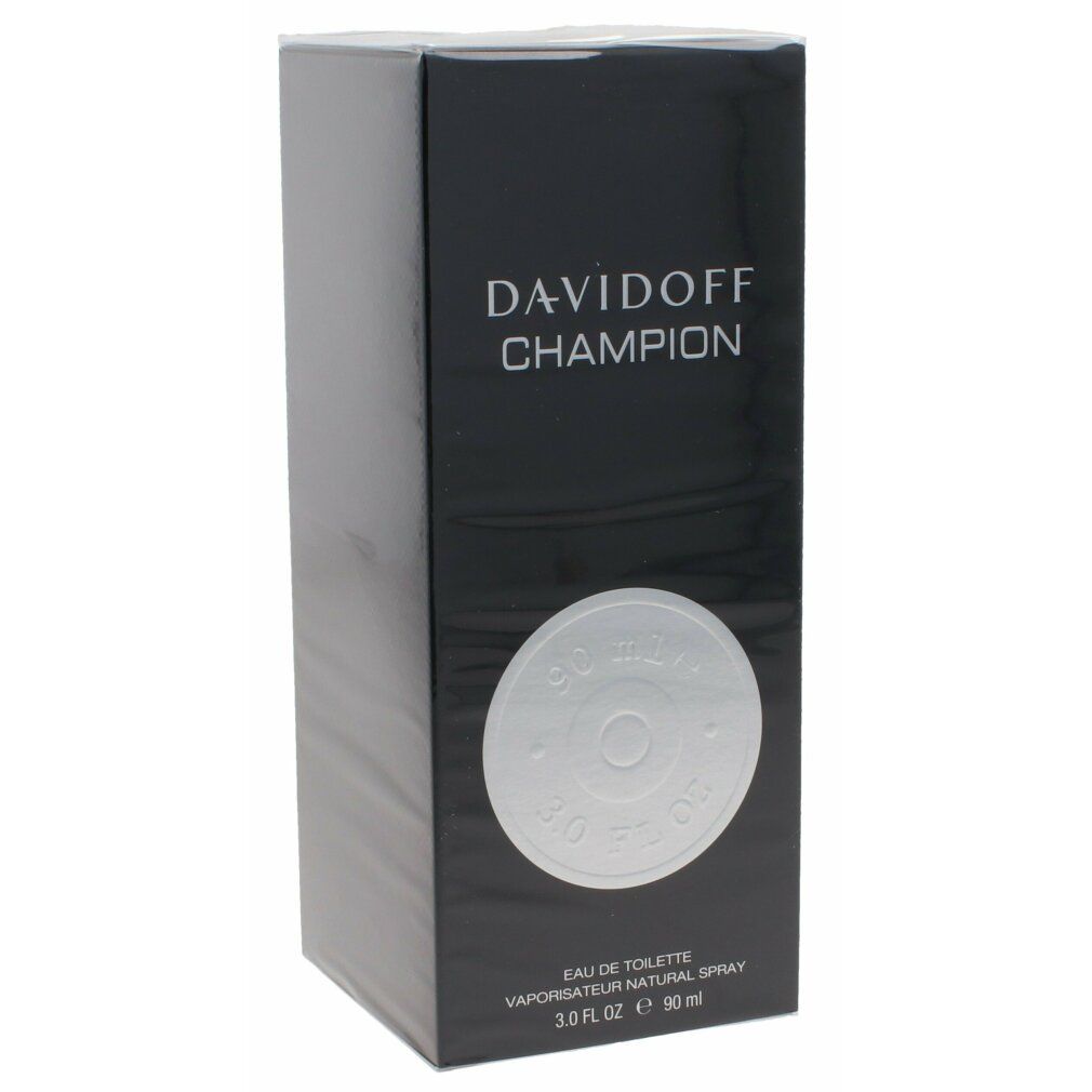 Zwarte verpakking voor Davidoff Champion Eau de Toilette met zilveren cirkeldetail.
