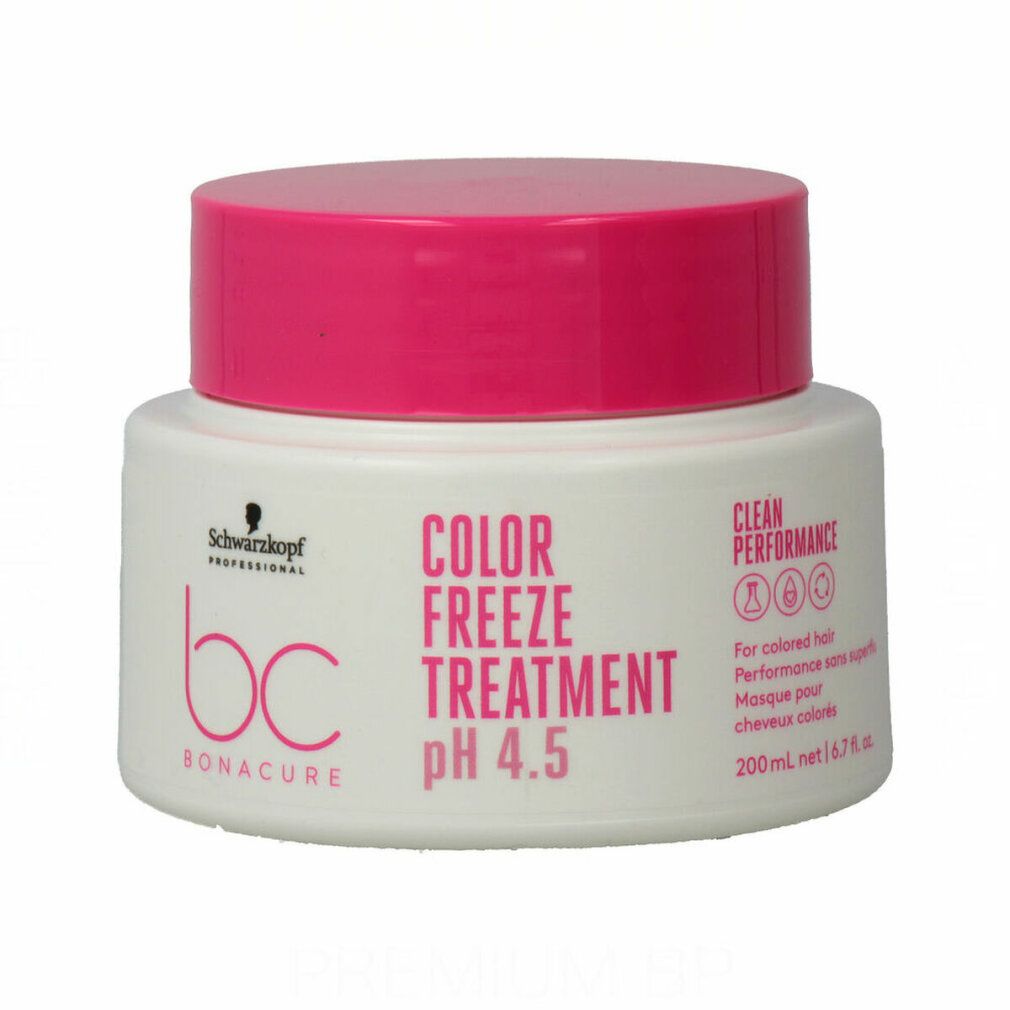 Pot blanc avec couvercle rose. Inscription : Color Freeze Treatment pH 4.5. Marque : Schwarzkopf BC Bonacure. Pour cheveux colorés.