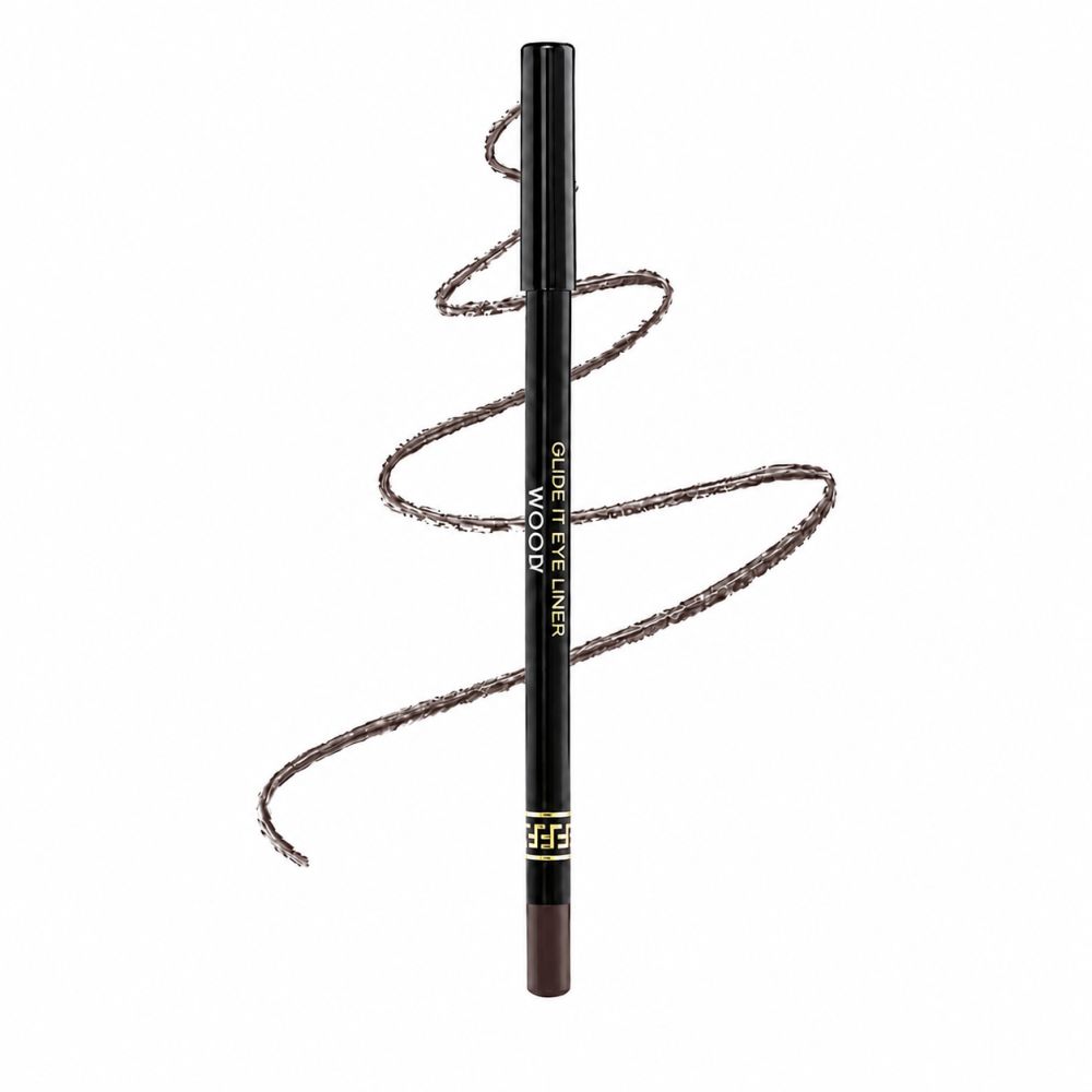 Crayon khôl marron avec une ligne enroulée. Inscription : GLIDE IT EYE LINER WOODY.