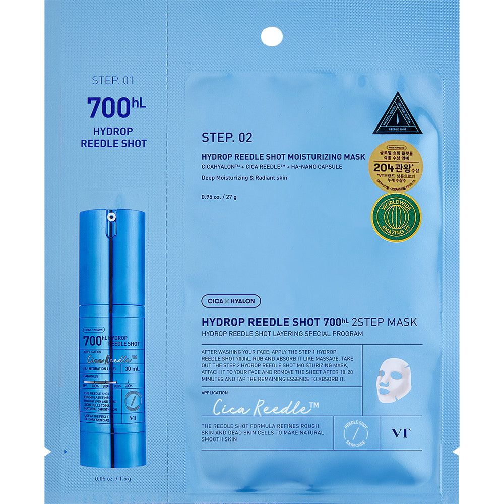 Tweestaps gezichtsmaskerverpakking met een blauwe dispenser en een masker. Bevat CICA-REEDLE™ en CICA HYALON™.