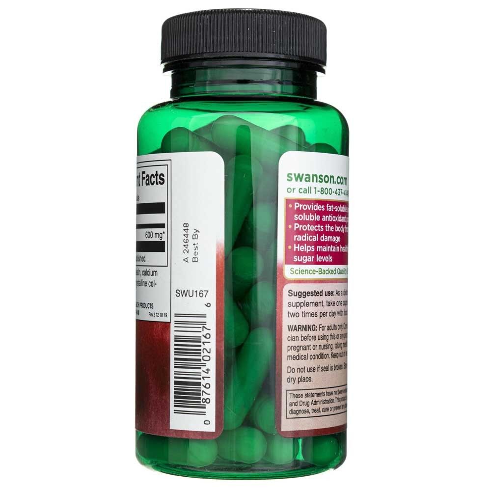 Zijaanzicht van de fles Swanson Alfa-Liponzuur, groene capsules zichtbaar.