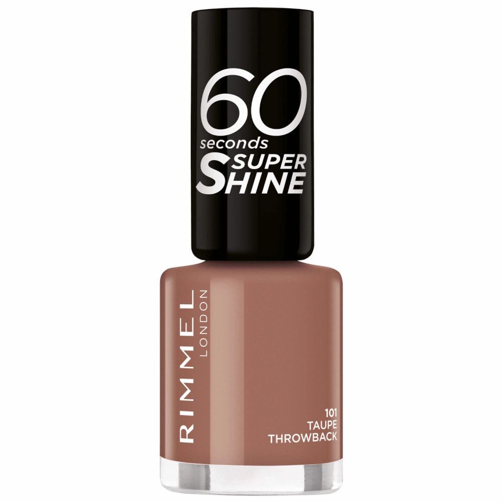 Nagellakfles, kleur: taupe. Opschrift: Rimmel London, 60 Seconds Super Shine.