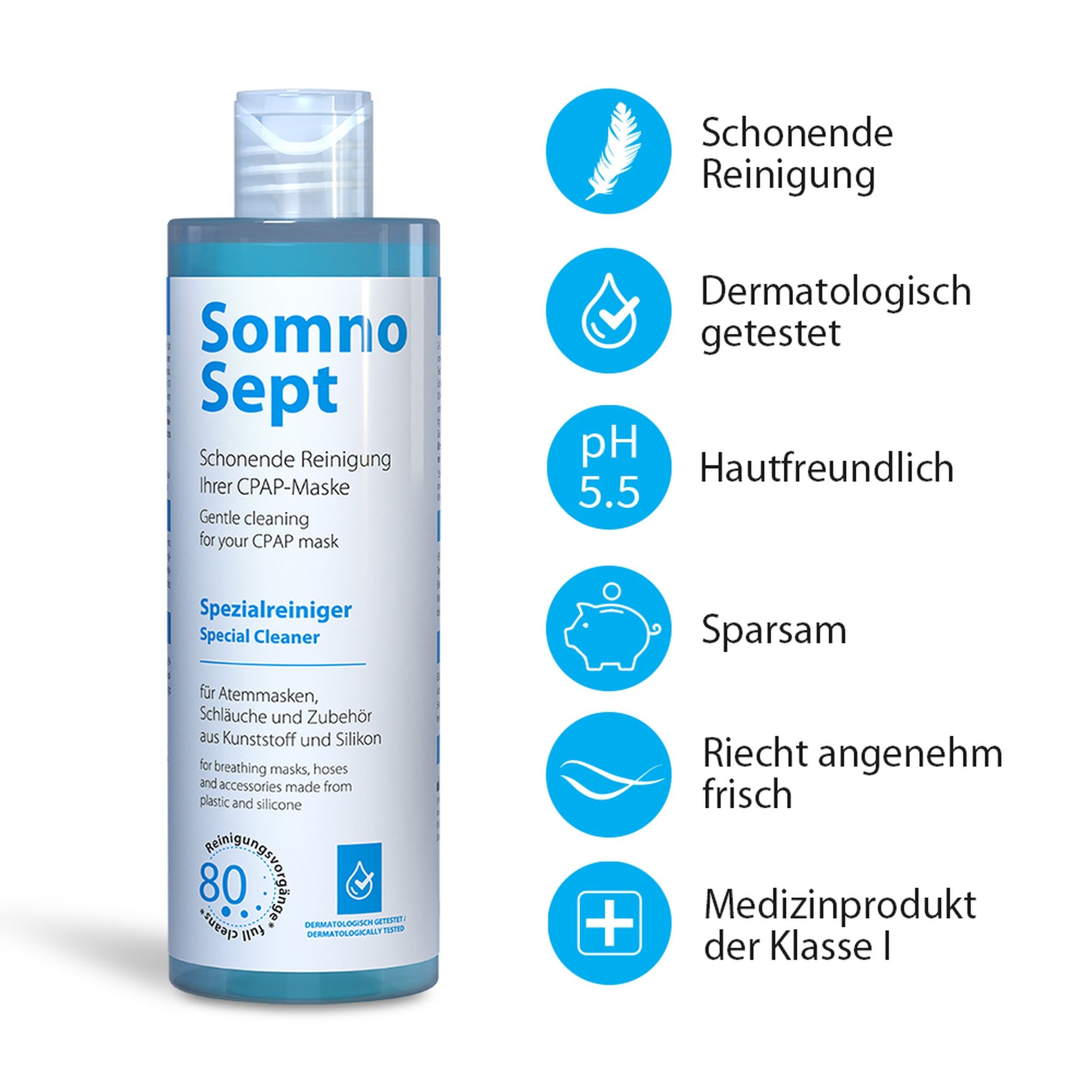 Flacon de nettoyant avec texte et icônes. Texte: SomnoSept, nettoyant spécial. Icônes: doux, testé dermato, pH 5,5, économique, frais, dispositif médical.