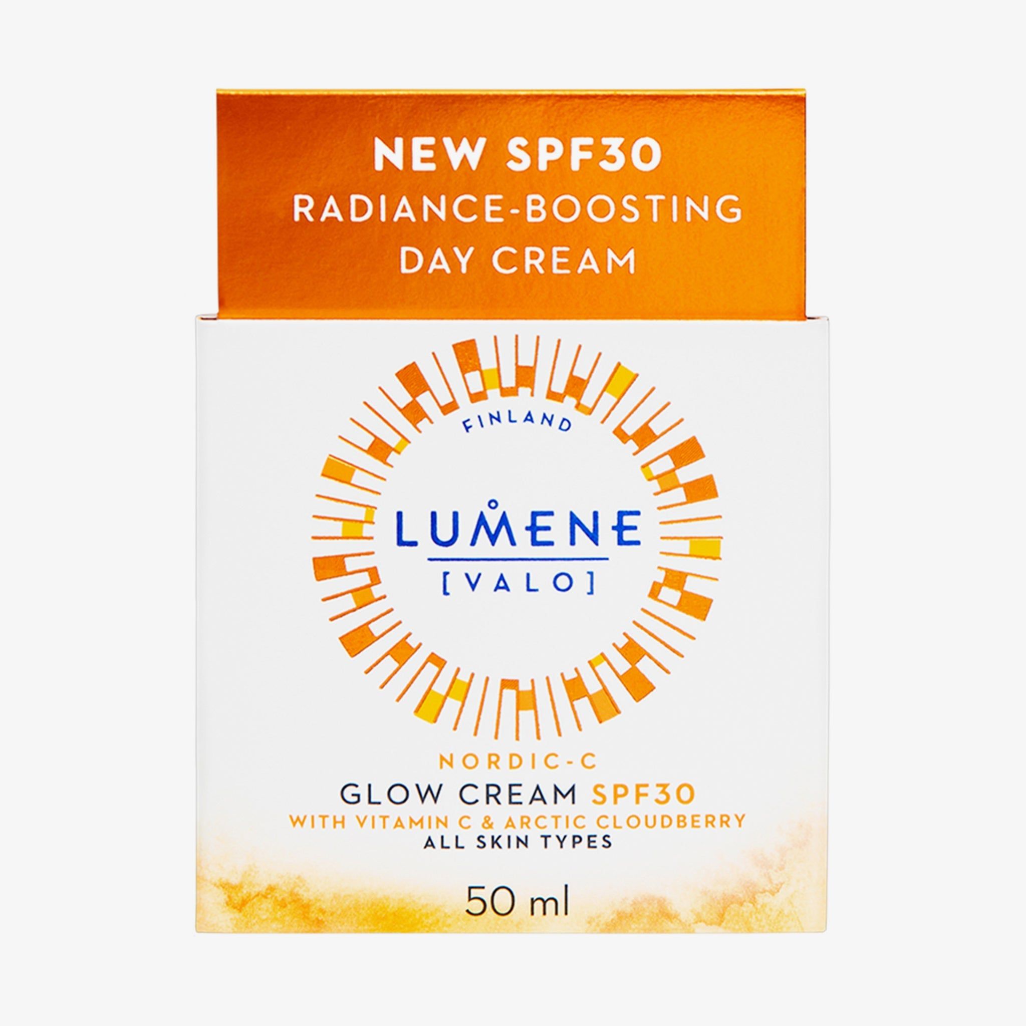 Emballage avec inscription : LUMENE, NORDIC-C [VALO] GLOW CREAM SPF30. Avec 50 ml.
