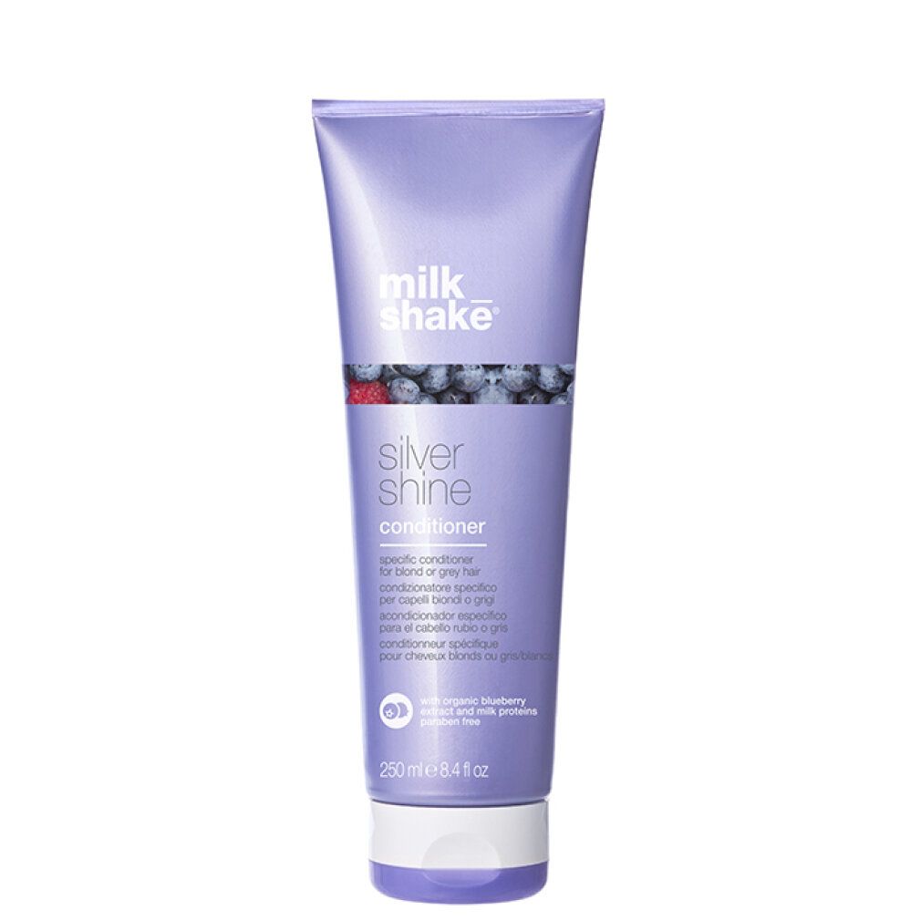 Milk Shake Silver Shine conditioner fles, 250 ml. Lila tube met witte en lila dop.