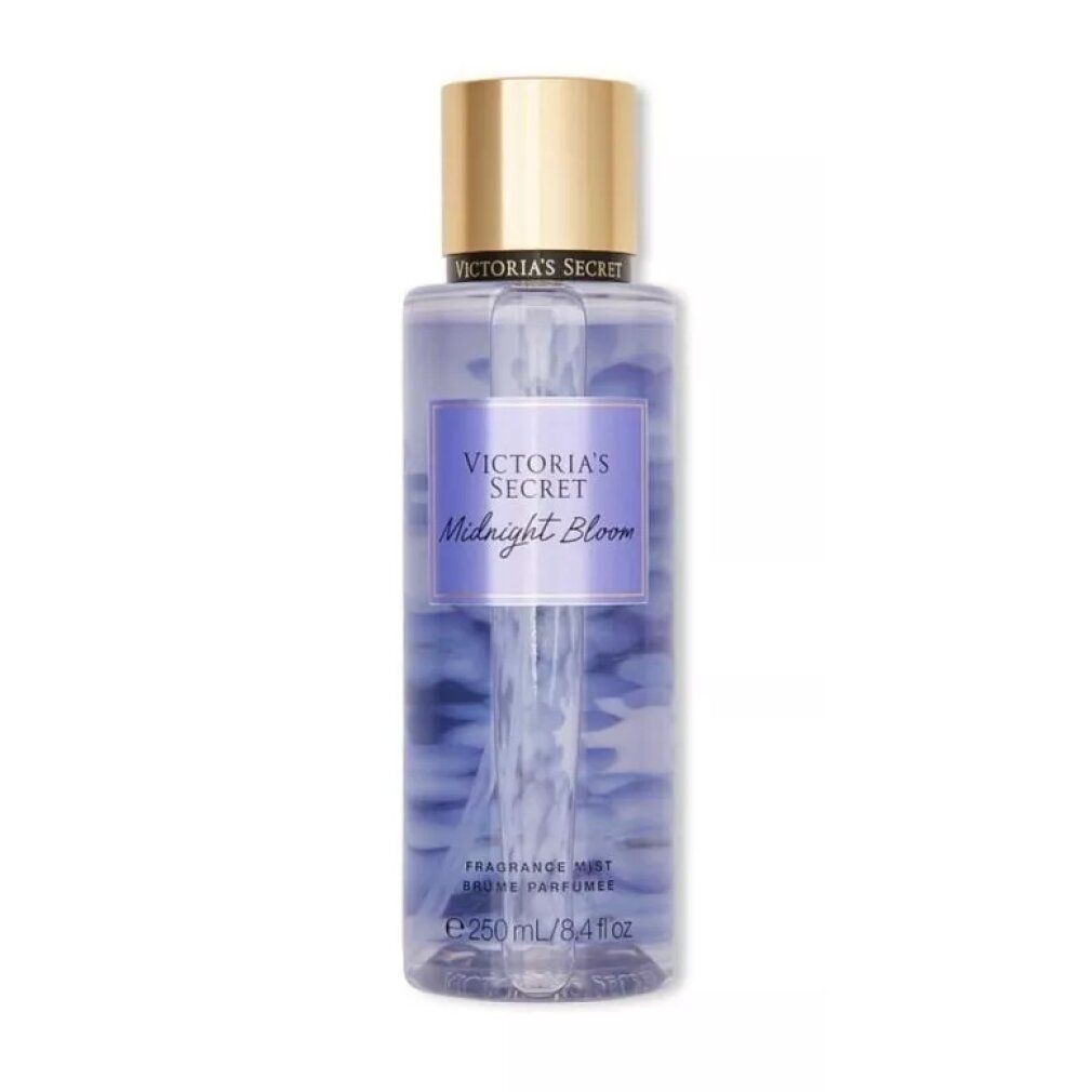 Victoria's Secret Midnight Bloom Body Mist, fles met paarse en blauwe bloemblaadjes.