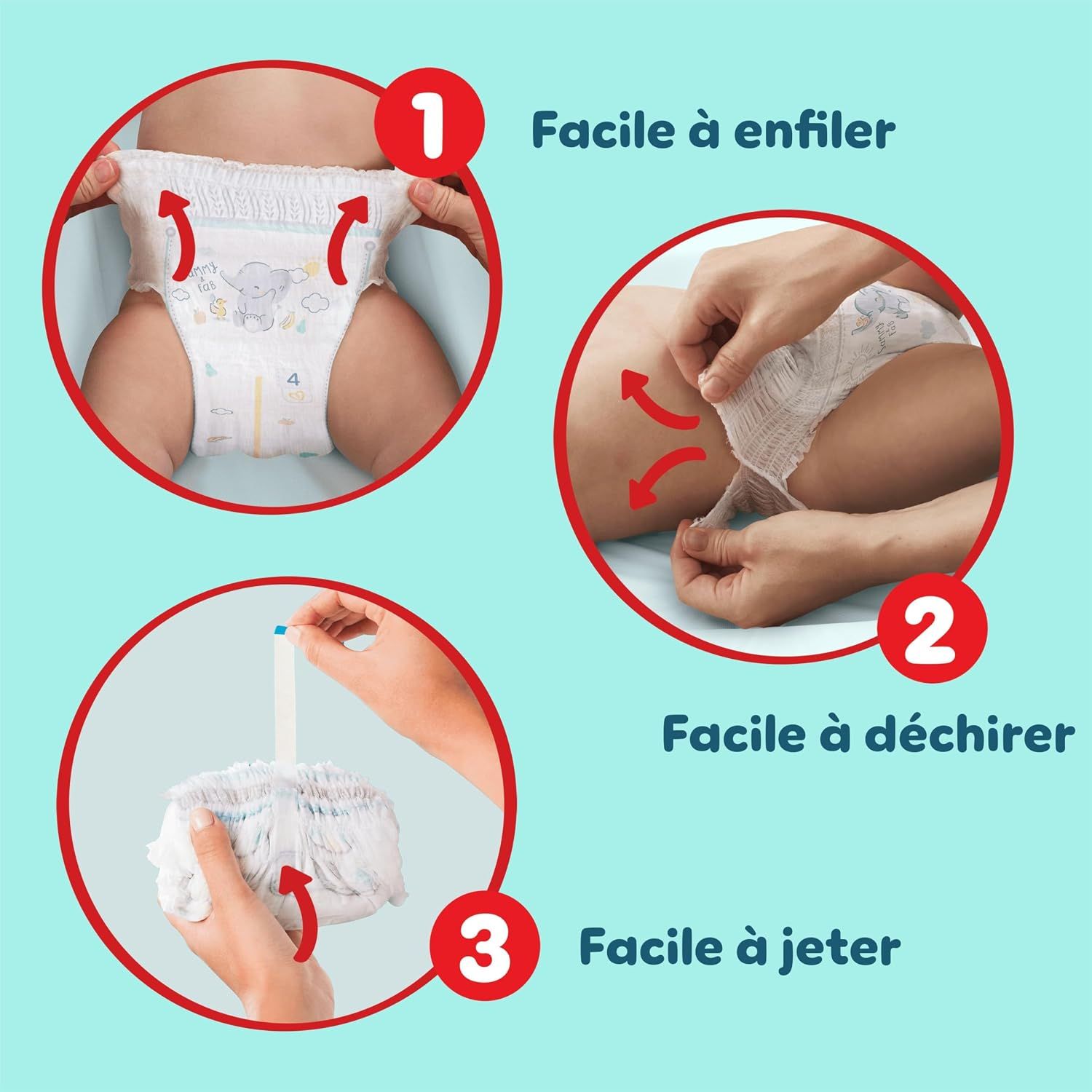 Instructions: Mettre la couche, déchirer les côtés, jeter la couche.