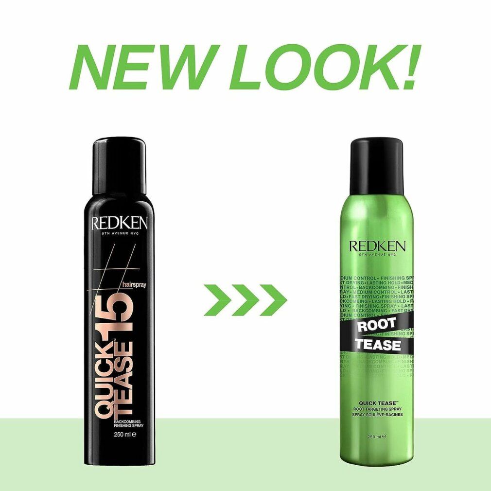 Deux sprays Redken Quick Tease. Gauche : noir. Droite : vert. Des flèches indiquent le changement. Texte : Nouveau look !