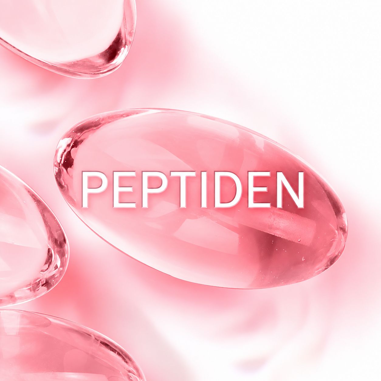 Een ovale, doorschijnende, roze capsule met de tekst "PEPTIDEN".