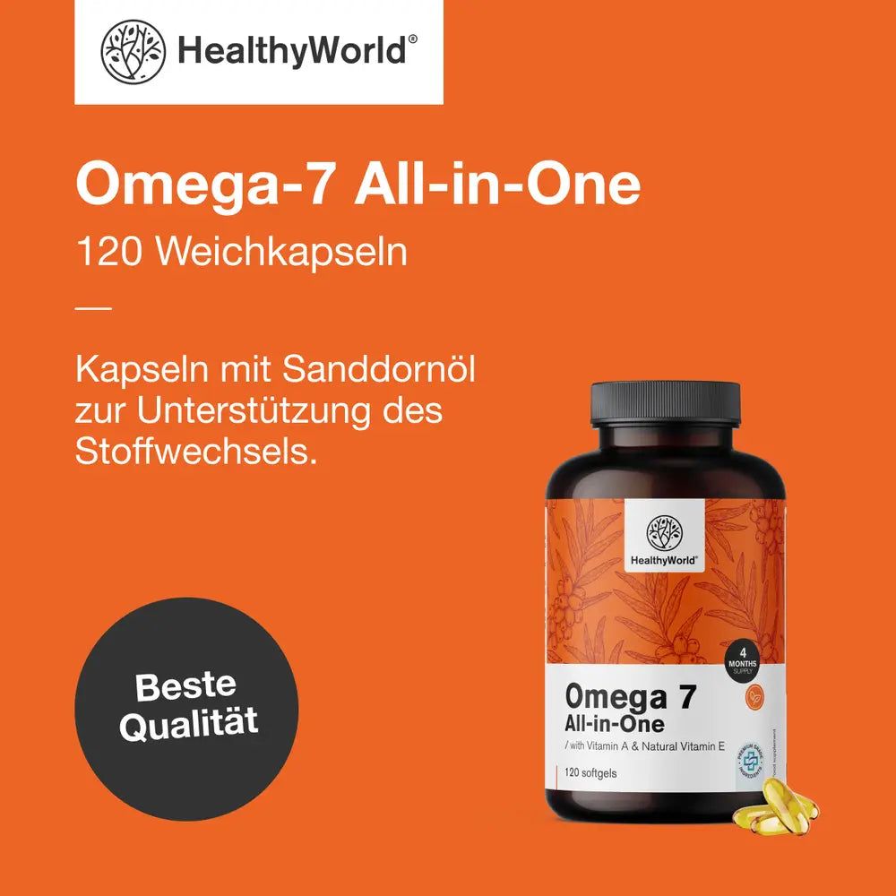 Image du produit Omega-7 All-in-One. Inscription: HealthyWorld, 120 gélules molles. Meilleure qualité.