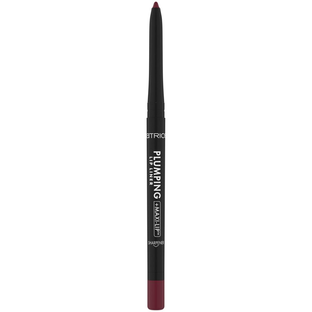 Catrice lipliner. Donkerrode potlood met zwarte schacht. Opschrift: Plumping + Maxilip. Geslepen potlood.