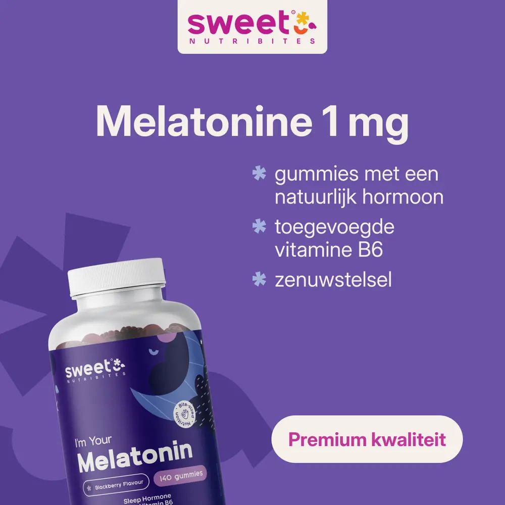 Fles gummies. Tekst: Melatonine 1 mg, gummies met een natuurlijk hormoon, toegevoegde vitamine B6, zenuwstelsel. Tekst: Premium kwaliteit.