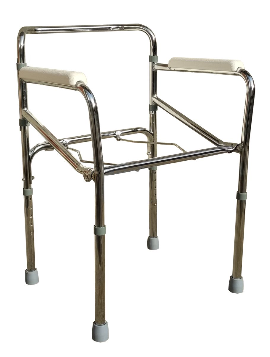 Chaise de toilette à cadre métallique sans siège ni seau. Accoudoirs, pieds réglables en hauteur.
