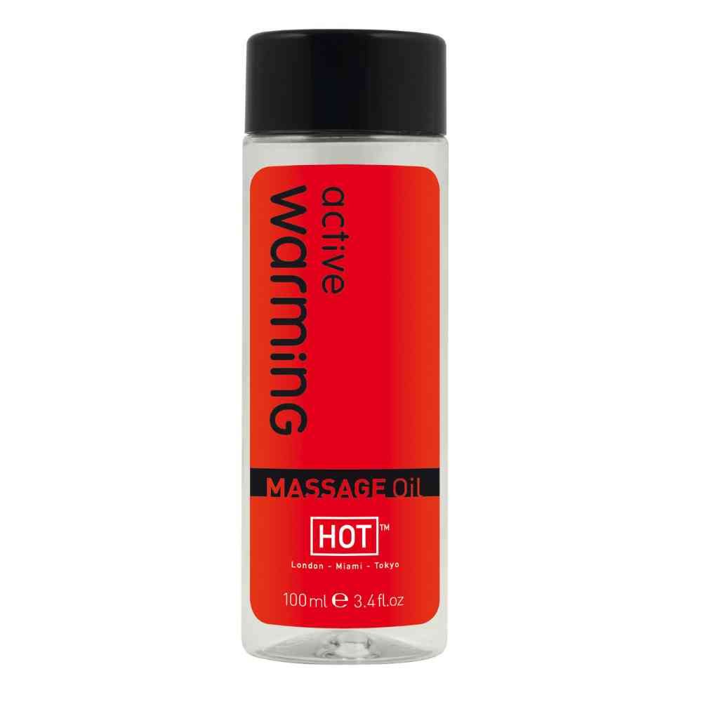 Transparante fles met zwarte dop en rood etiket. Opschrift: "Warming", "Massage Oil", "HOT".