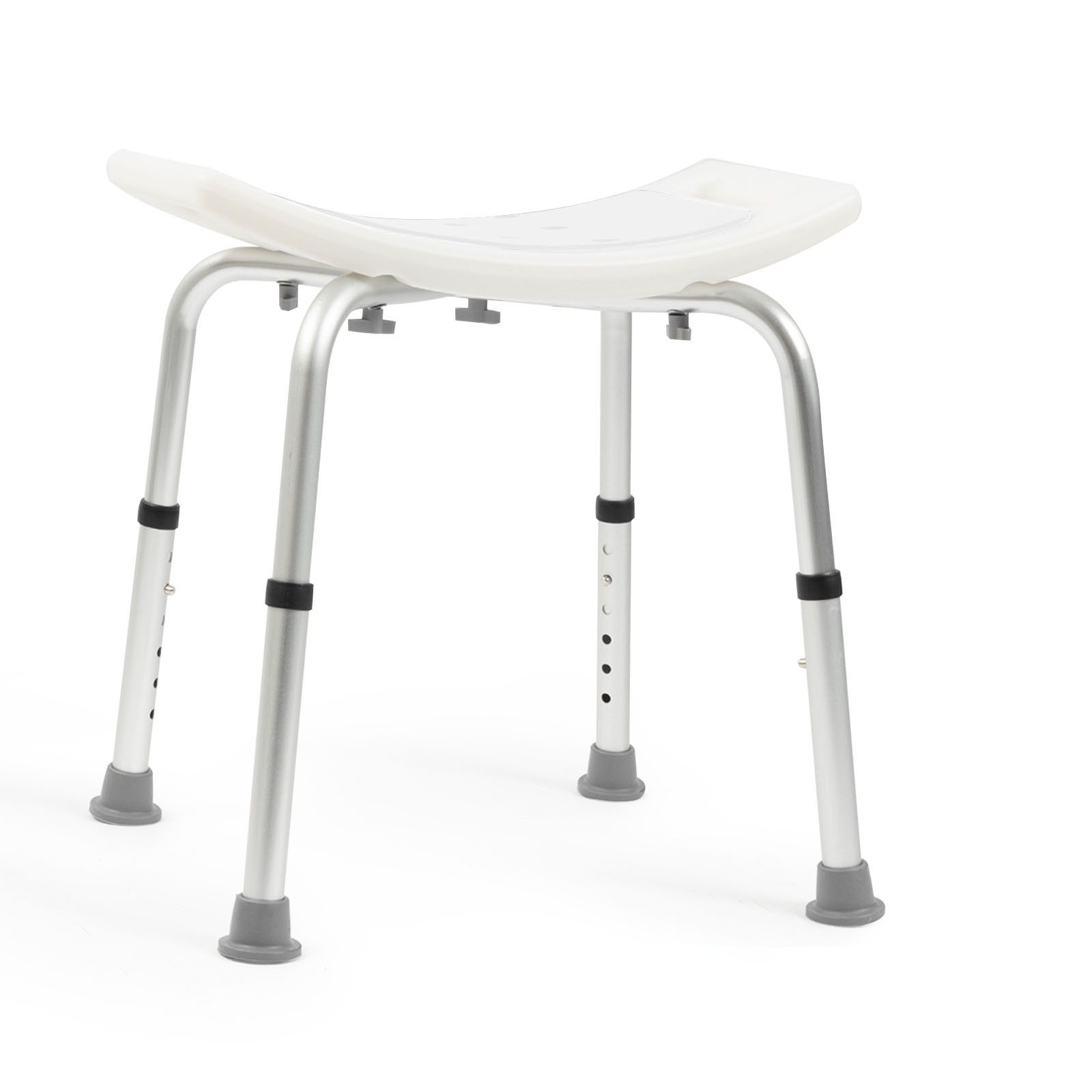 Tabouret de douche blanc, pieds argentés, pieds gris. Réglable en hauteur.