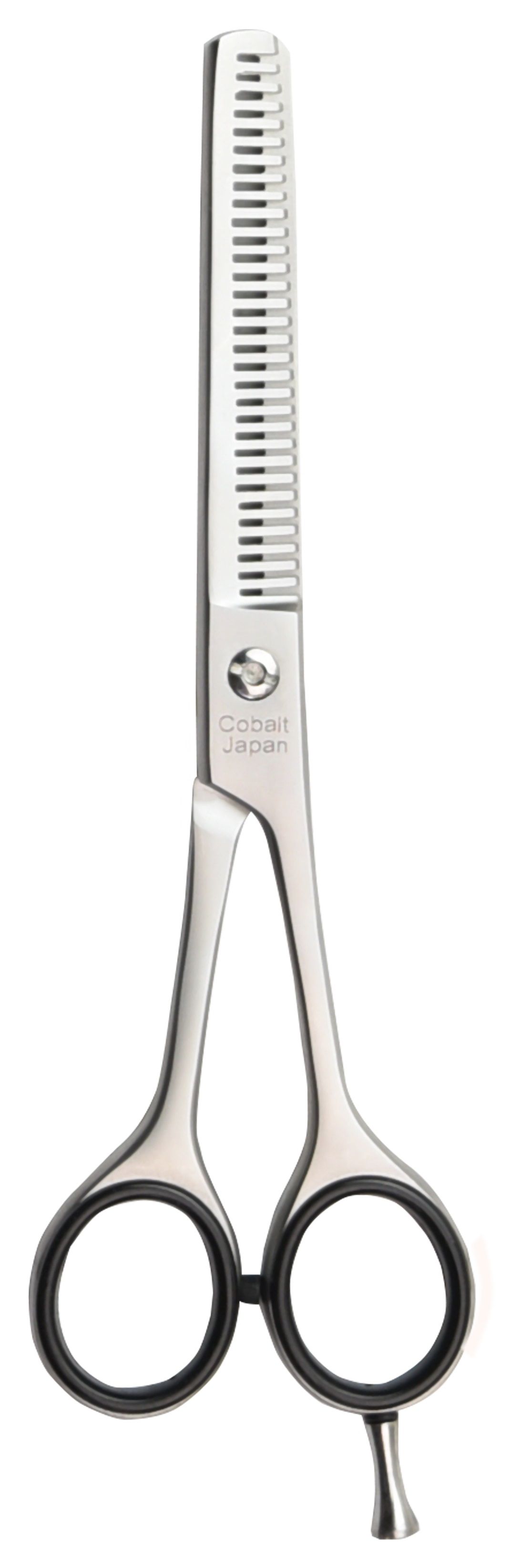 Effileerschaar, dubbelzijdig getand. Metaal, zwarte ringen. Opschrift "Cobalt Japan".