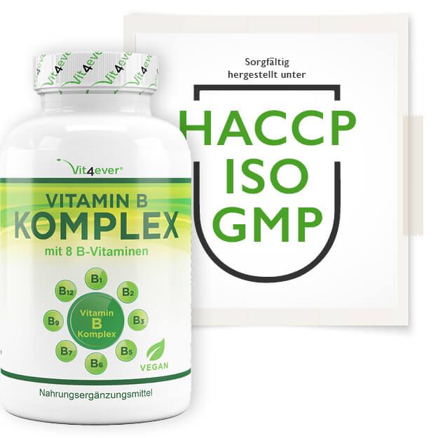 Flacon blanc avec étiquette verte. Inscription : Vitamin B Komplex mit 8 B-Vitaminen. Vegan. Complément alimentaire. Logo Vit4ever. Certifications : HACCP, ISO, GMP.